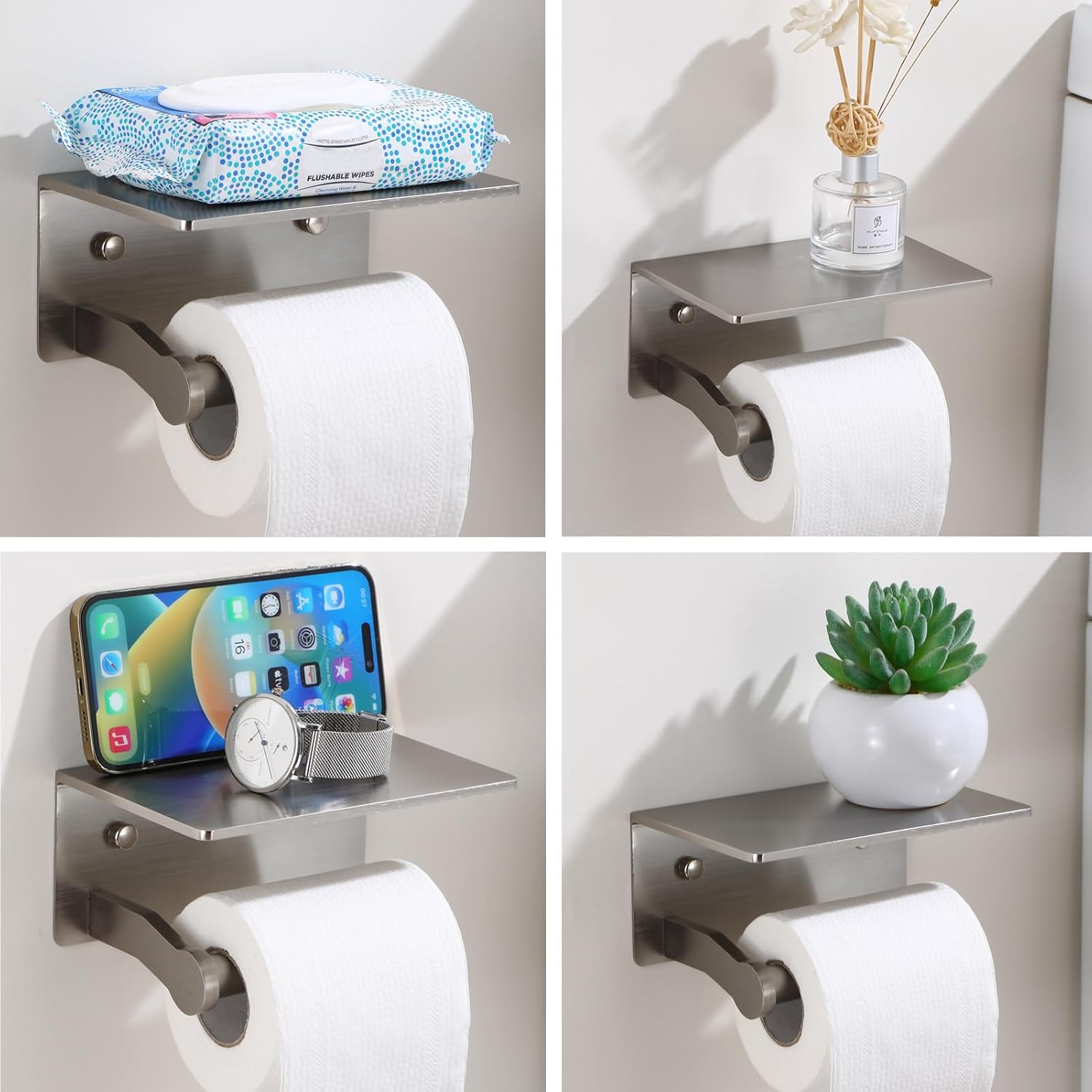 Toilet Paper Holder with Shelf, Adhesive or Screw Wall Mount Toilet Roll Holder for Bathroom, Rustproof Solid Aluminum