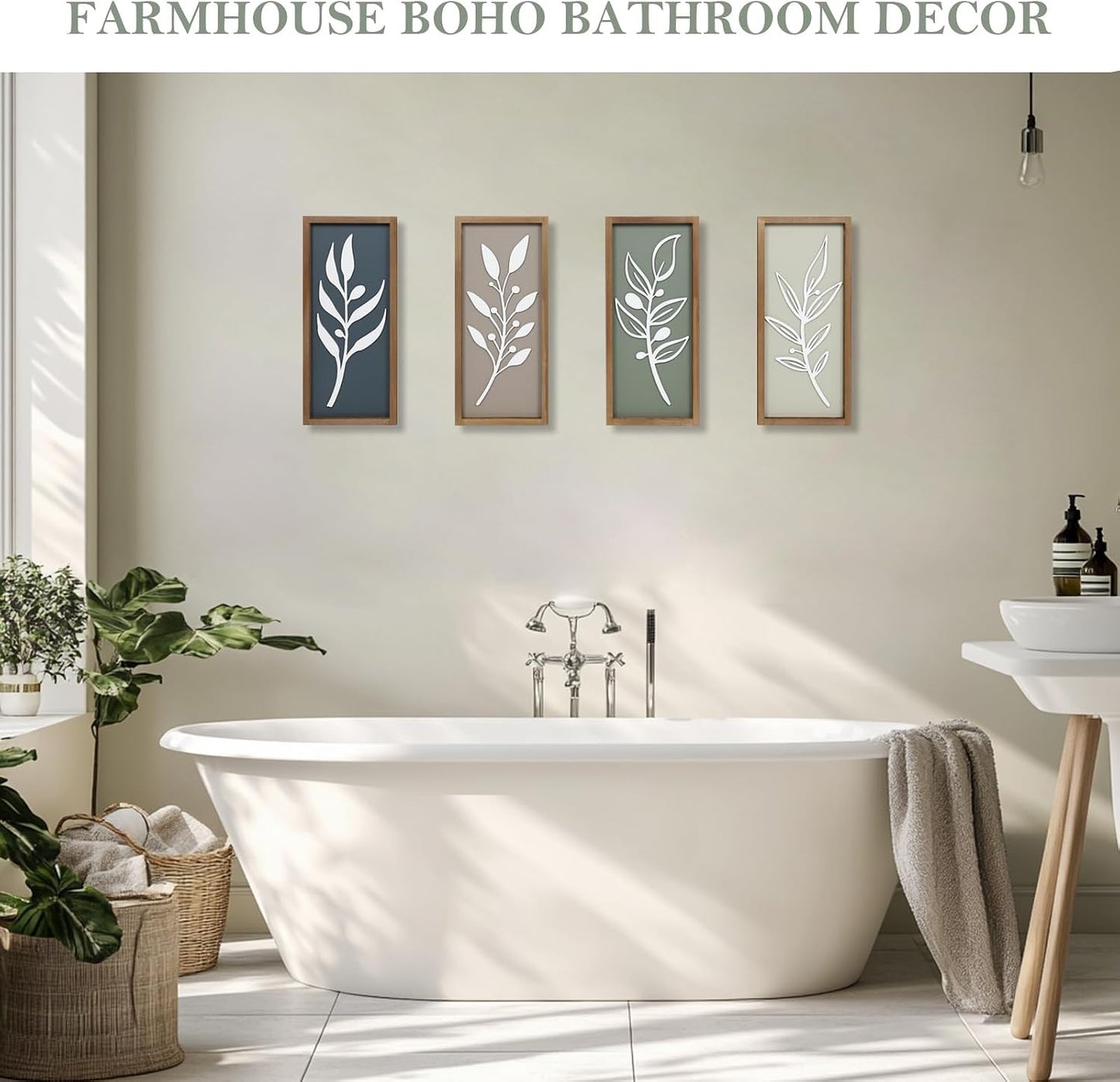 Minimalist Botanical Farmhouse Bathroom Wall Decor / Tree Leaf Brown / Set of 4