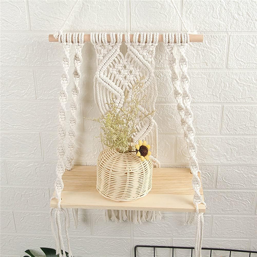 Macrame Wall Hanging Plant Decor Shelf Indoor Outdoor Floating Wood shelve Decorative Hand Made Rope