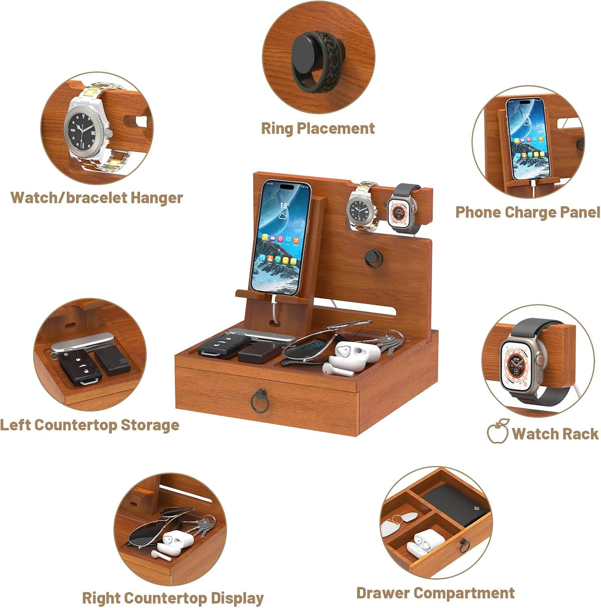 Wood Phone Docking Station, Nightstand Organizer with Drawer | Bedside Table Organizer for Watch & Accessories