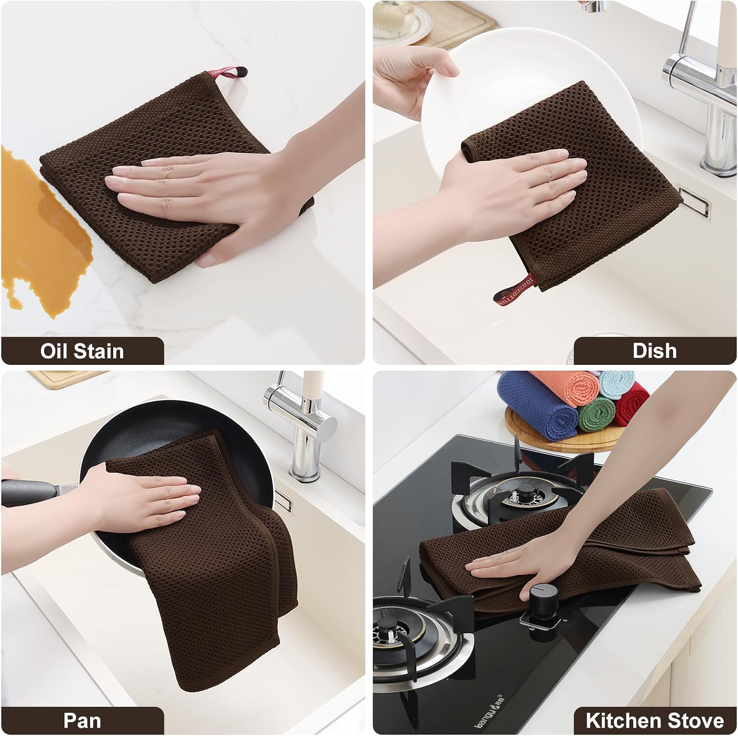 Homaxy 8 Pack 100% Cotton Kitchen Towels and Dishcloths Set, Dark Brown | 12 x 12 Inches and 13 x 28 Inches Kitchen