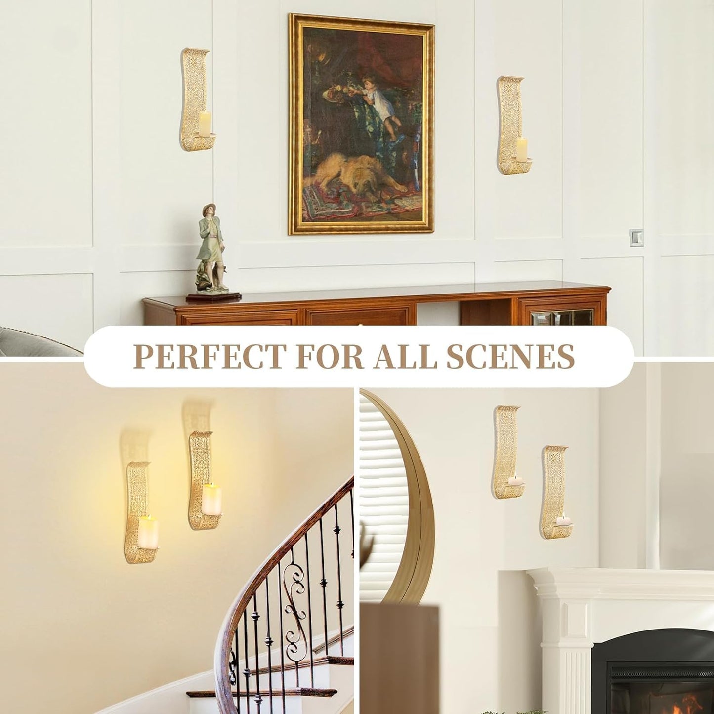 Rustic Pillar Wall Candle Holder for Farmhouse Vintage Hallway Wall / Matte Gold / Set of 2