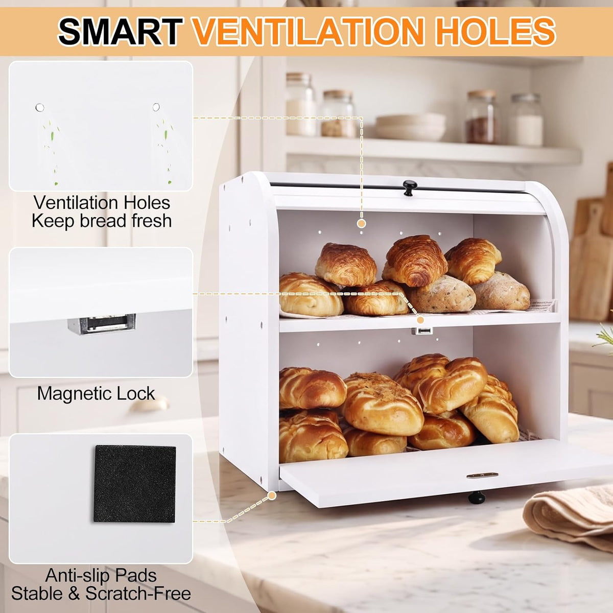 Alpeir Roll Top Bread Box with Cutting Board for Kitchen Countertop, White | Large Breadbox with Ventilation Holes