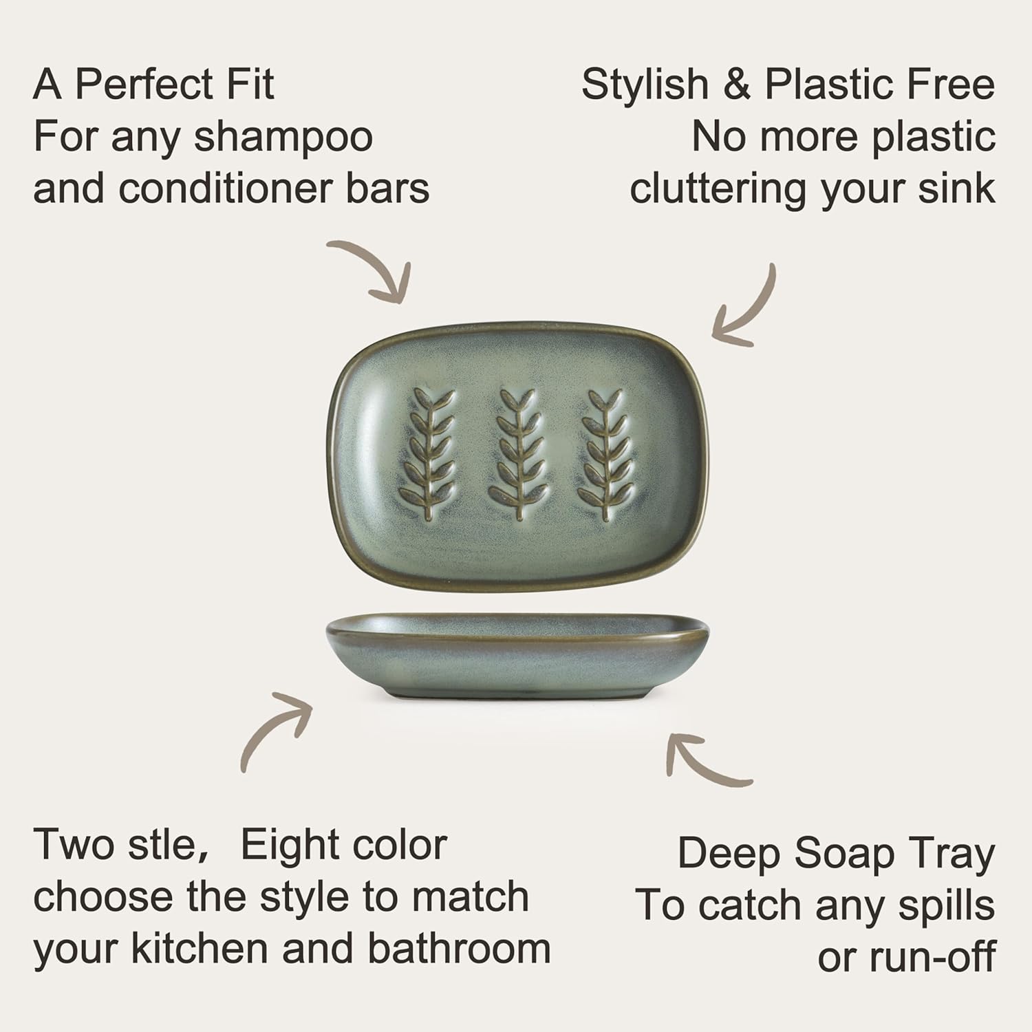 Ceramic Soap Dish Bar Soap Holder for Shower / Dark Green / Leaf Design