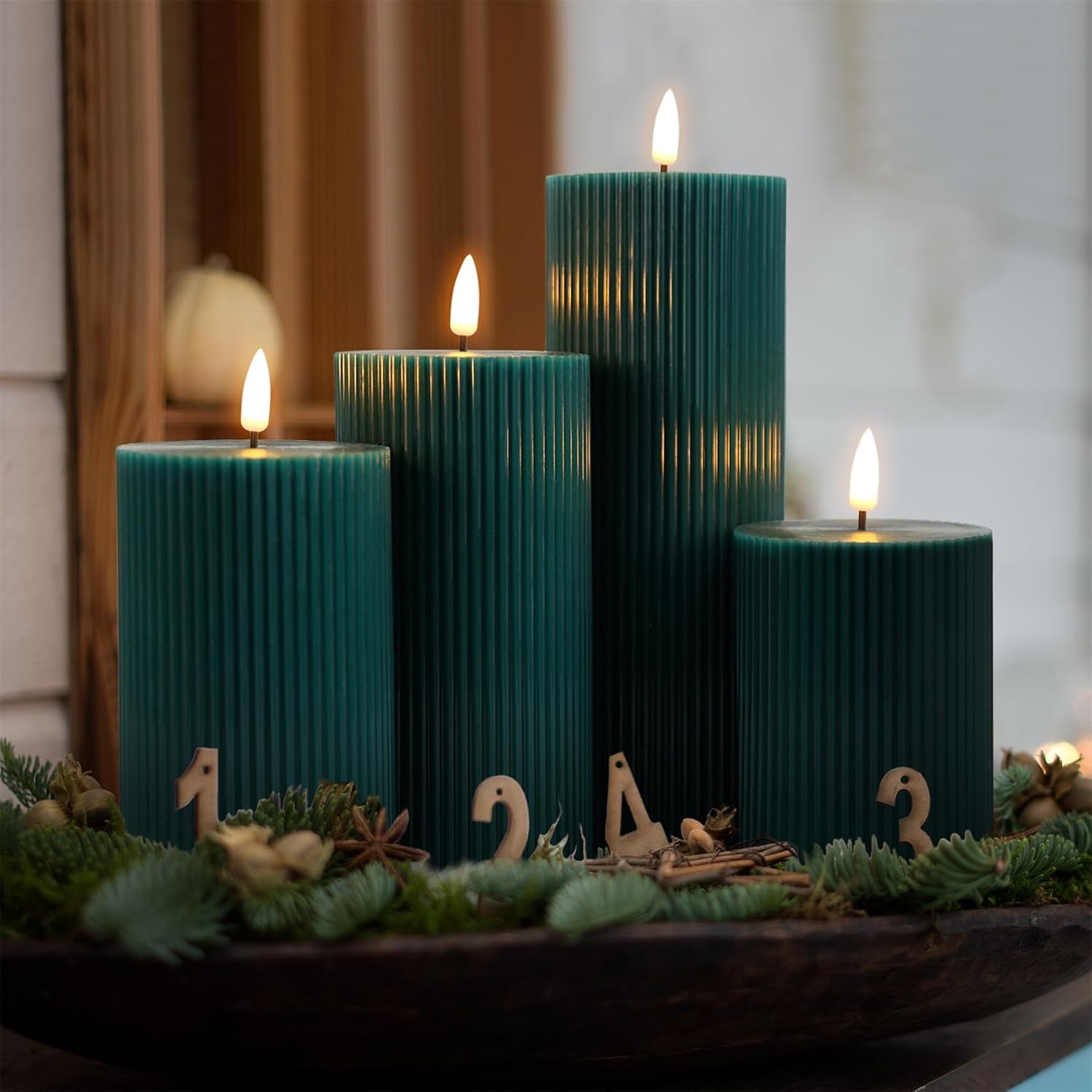 Ribbed Flameless Pillar Candles / Green / Set of 4
