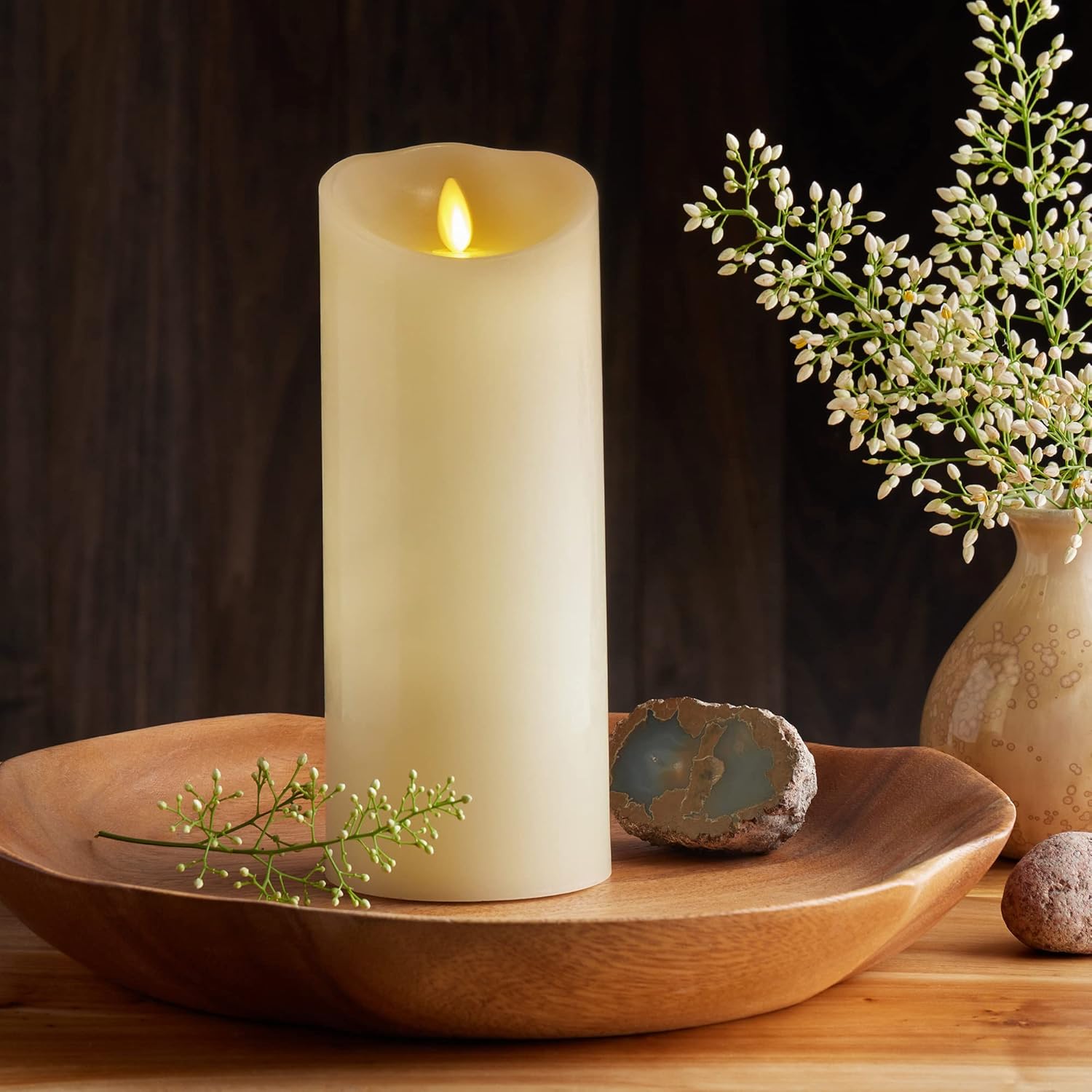 Luminara Scalloped Edge Flameless LED Candle - Ivory 4" x 9" - Real Wax Pillar Battery Operated Moving Flame w/Timer