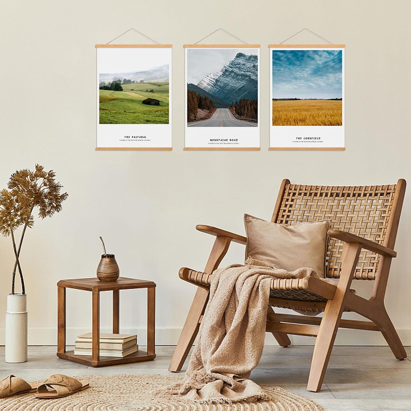 FALAMON 3 Pack Magnetic Poster Hanger Frame, 17x22 17x24 17x11 Teak Wood Magnet Poster Frame for Posters, Prints