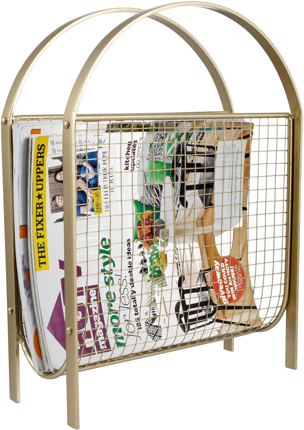 MyGift Mid Century Brass Tone Metal Mesh Magazine Rack Storage Basket | Freestanding Tabletop Organizer, Keeps Reading