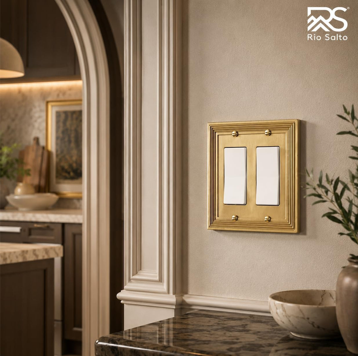 Rio Salto Double Rocker Light Switch Cover Plate 2 Decorator Paddle GFCI 2-Gang Brushed Brass Gold Metal Outlet Covers