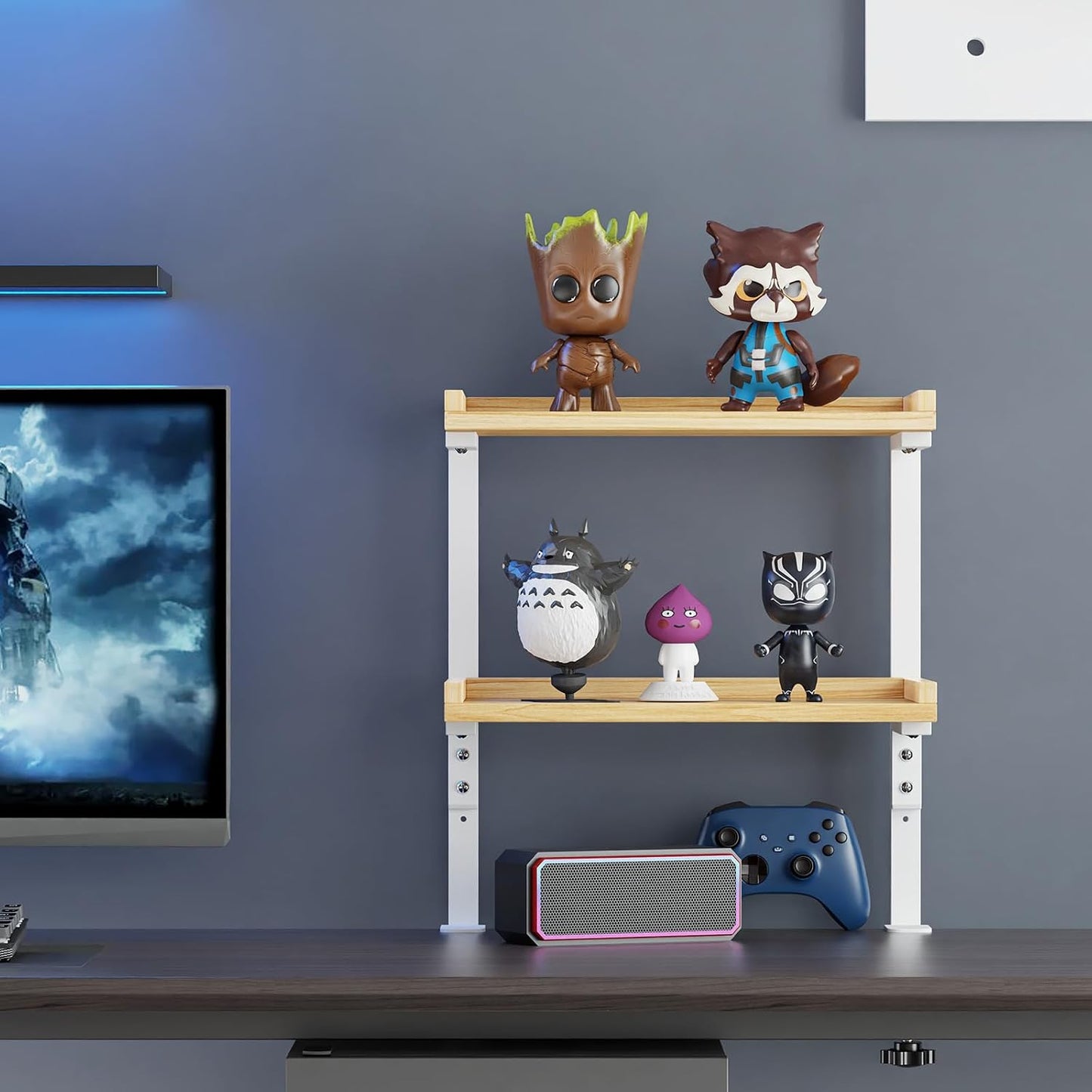 Clamp On Desk Shelf 2-Tier, 12.6 inch Wood Shelving Unit for Office Desk/Gaming Accessories, Tabletop Book Storage