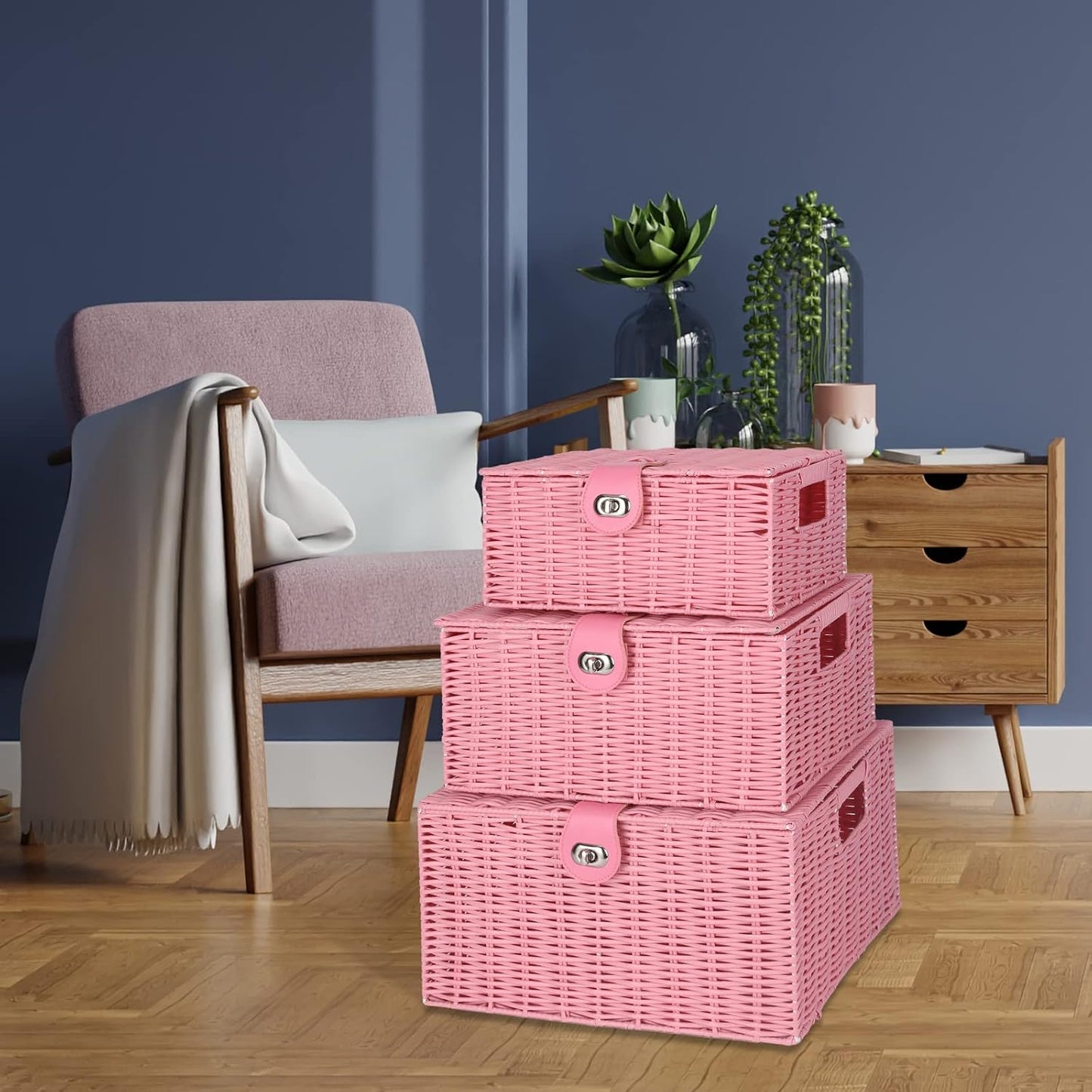 Woven Basket / Wicker Storage Baskets / Pink / Set of 3
