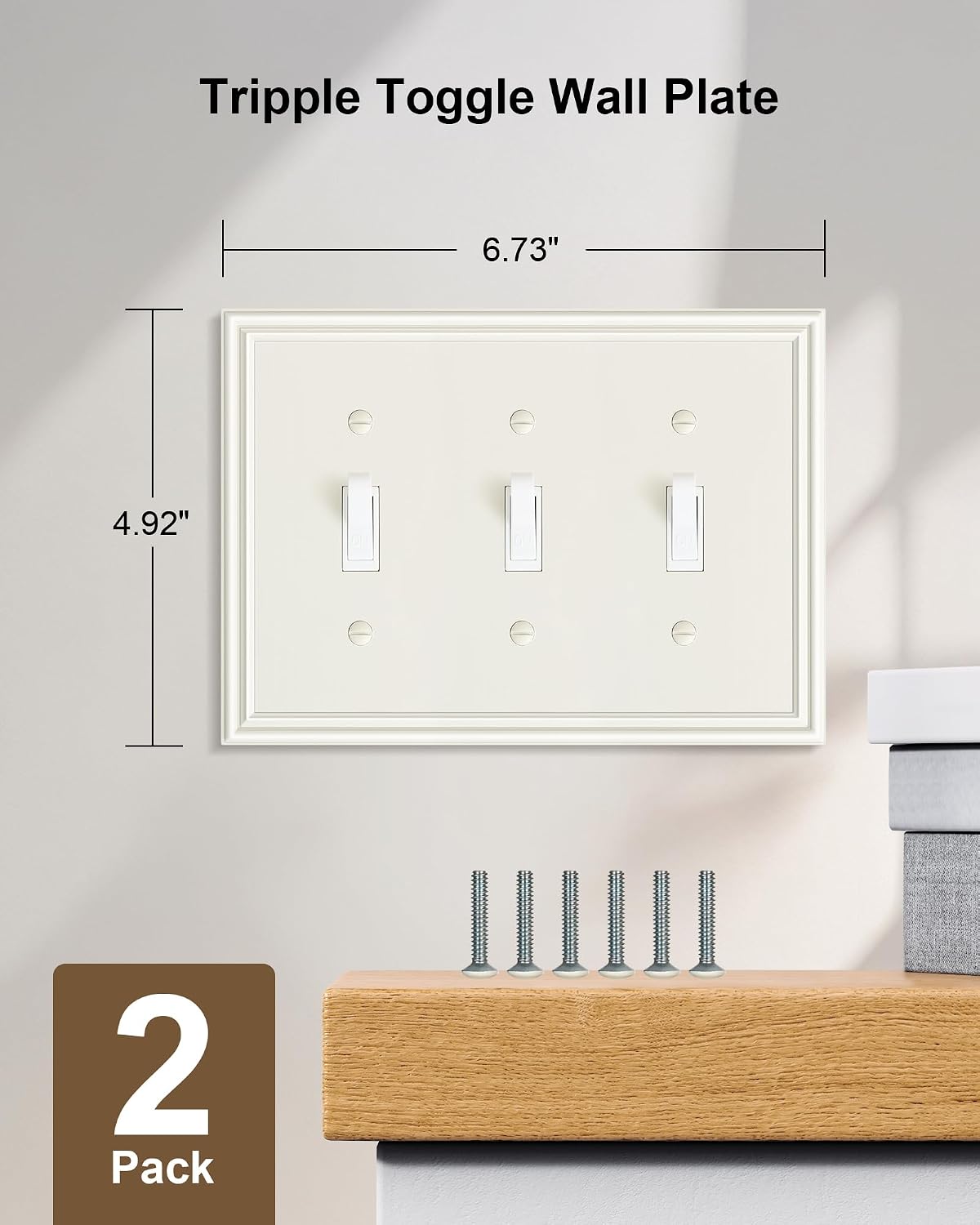 2-Pack Zinc Alloy Triple Toggle Light Switch Cover Plate, Solid Wall Plate | Durable Decorative Switch Plate Covers, 3
