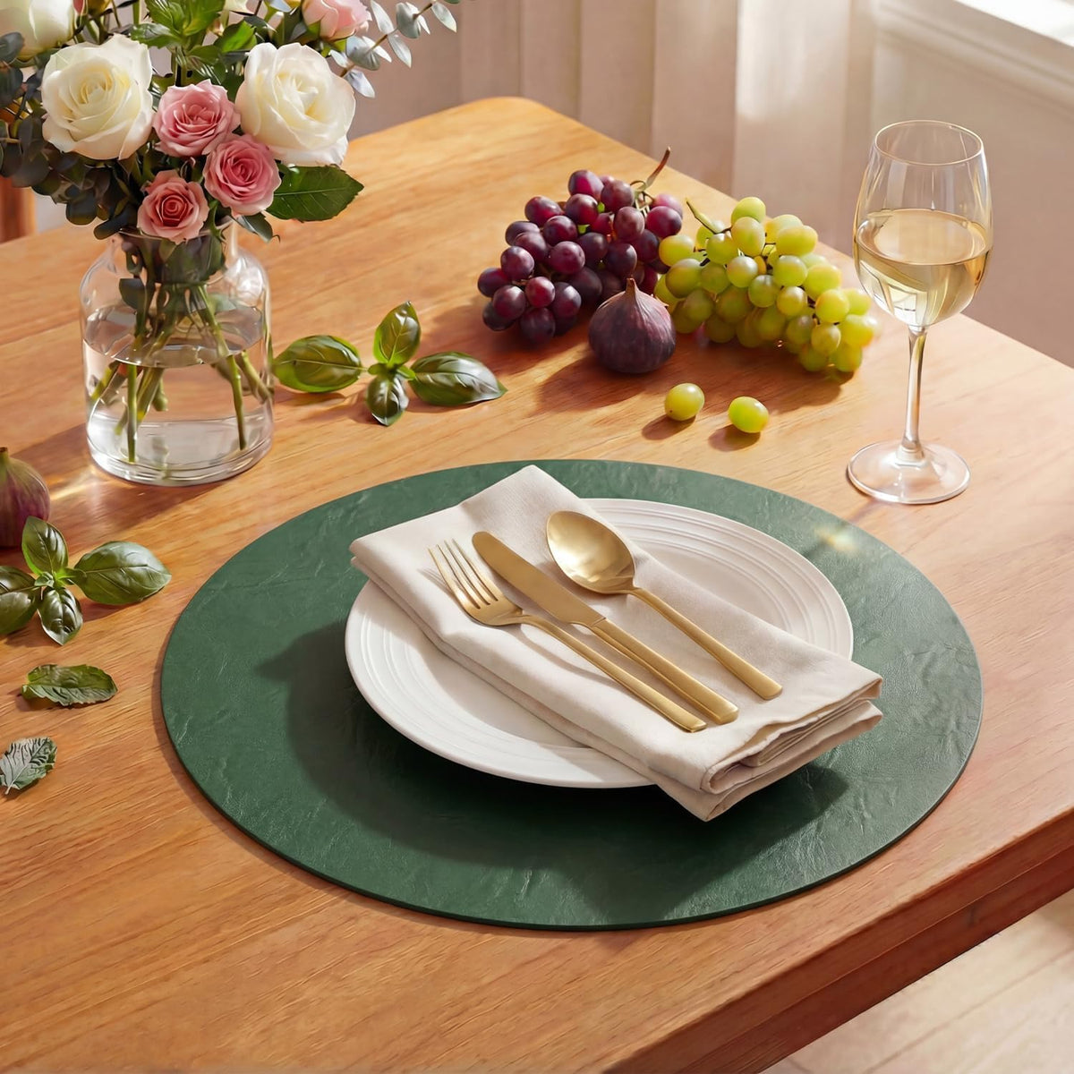 Artoid Mode Green Faux Leather Placemats Set of 8, 15 Inch Waterproof Wipeable Heat Resistant Vinyl Place Mats