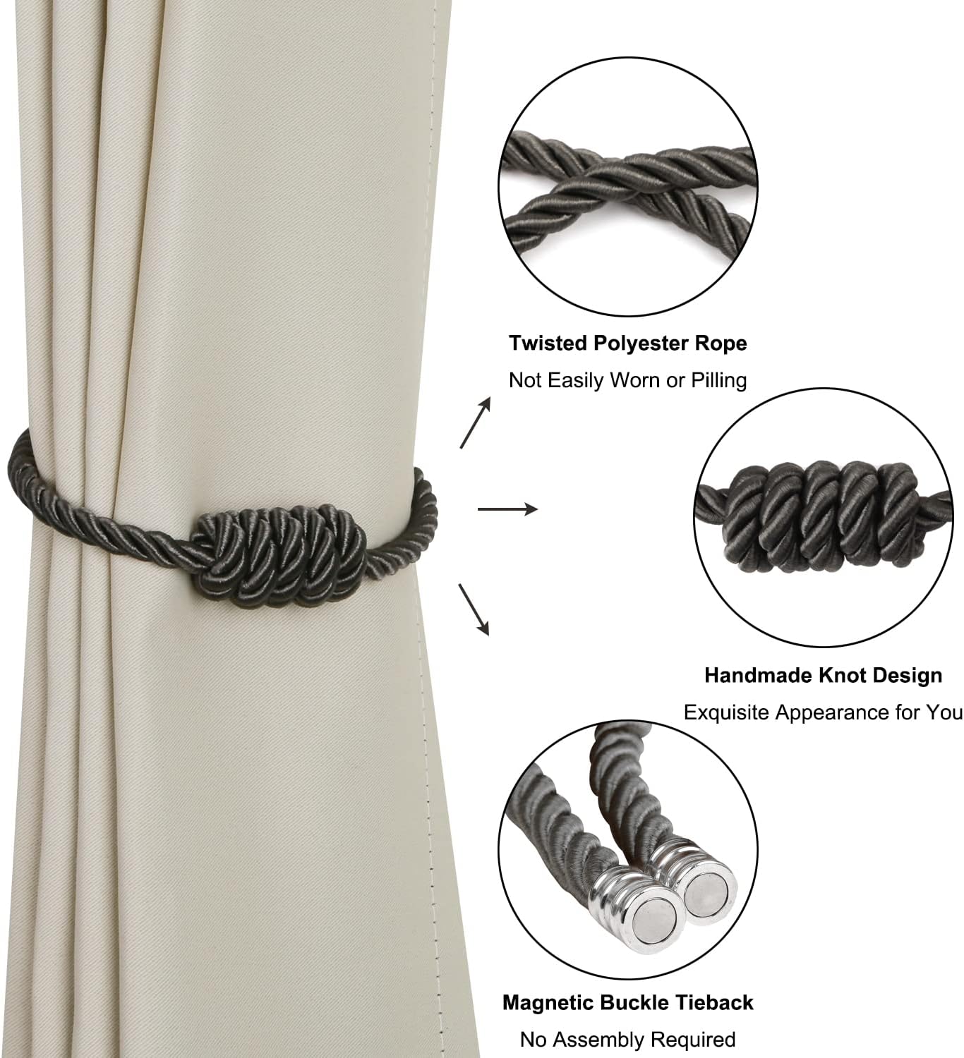 BEL AVENIR Magnetic Curtain Tiebacks 6 Pack Hand-Woven Curtain Ties | Charcoal Decorative Curtain Holdbacks Bohemian