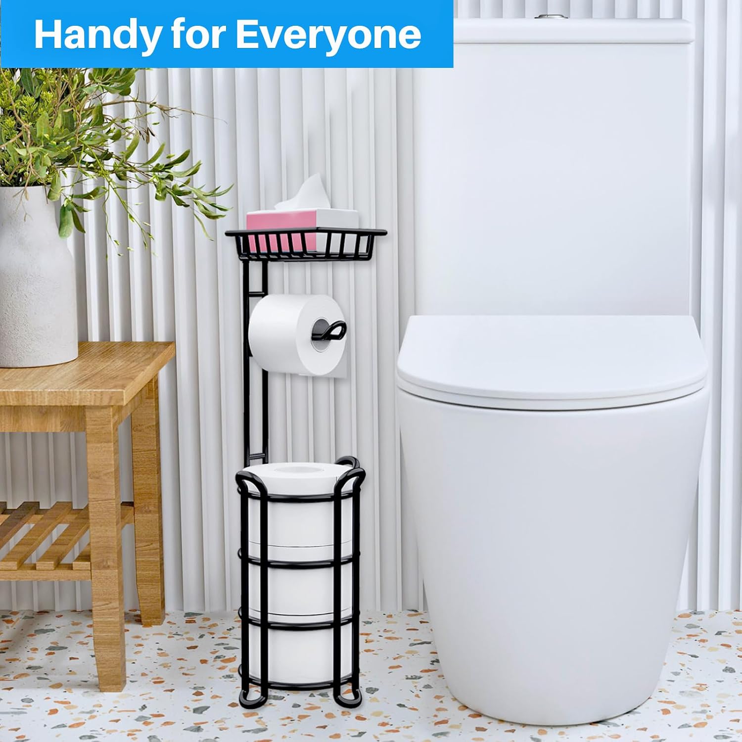 Toilet Paper Holder Stand with Shelf, Free Standing Tissue Roll Storage Rack with Dispenser for Bathroom, Black