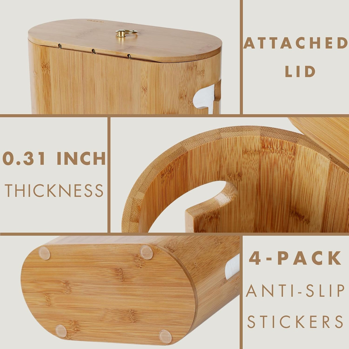 Gobam Bamboo Toilet Paper Storage with Dual-Use Lid, Freestanding Bathroom Tissue Organizer with Viewing Slot, Built-In