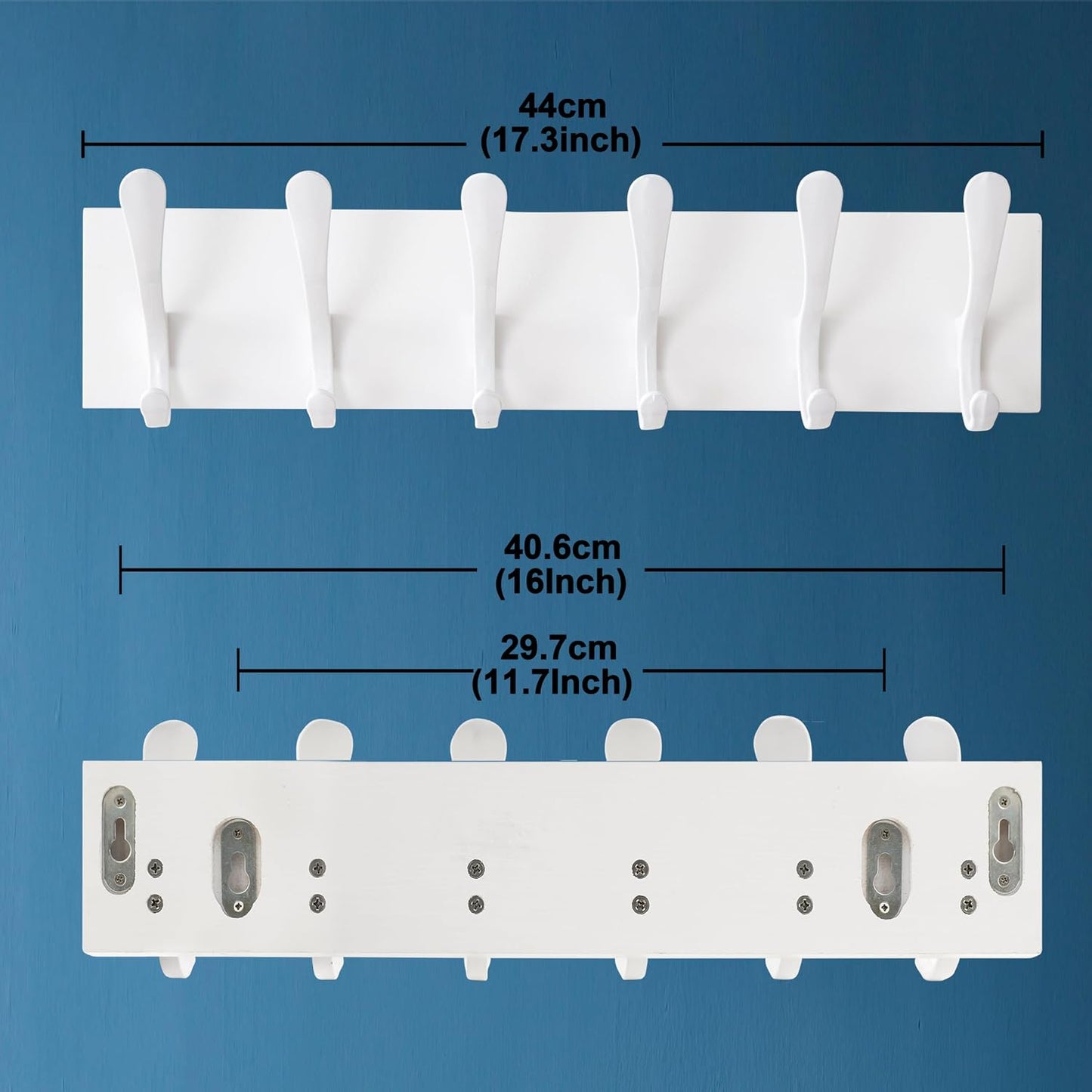 SKOLOO Wall Mount Coat Rack - White Wooden Wall Coat Hooks, Pack of 2, 6 Hooks for Coats, Hats, Clothing, Scarves