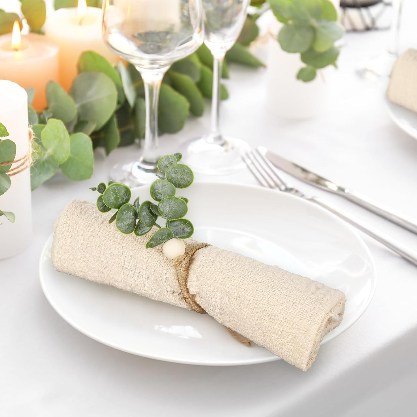 JarThenaAMCS Napkin Rings Set of 30 Rustic Eucalyptus Leaf Rings Wood Bead Farmhouse Napkin Ring for Spring Summer