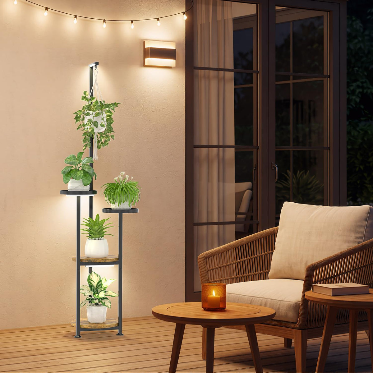 iDavosic.ly Hanging Plant Stand with Grow Light Indoor, 4 Tier, Black Brown | Tall Vertical Corner Metal Flower Shelf