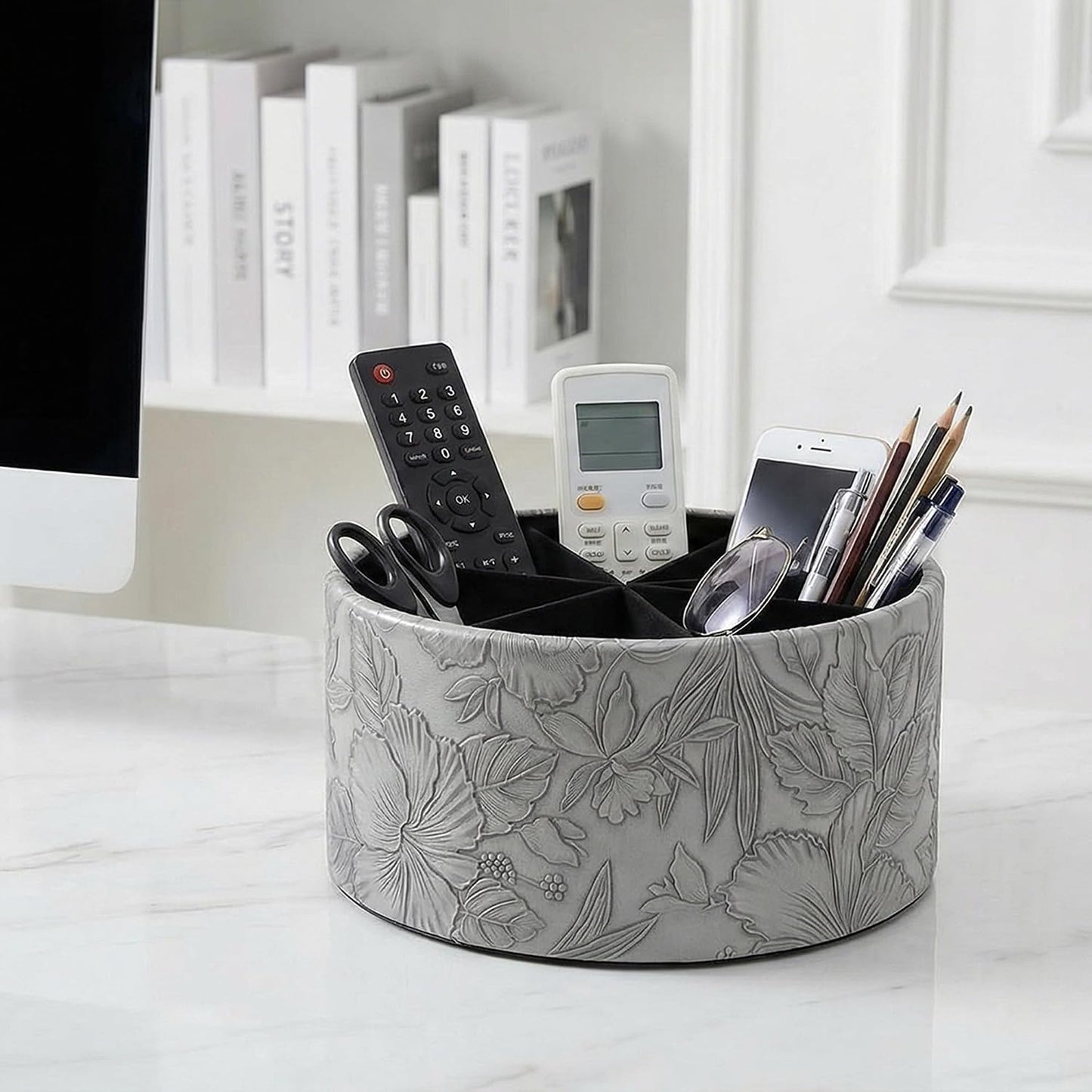 Remote Control Holder / 1-big Carved Grey / 360 Degree Rotation