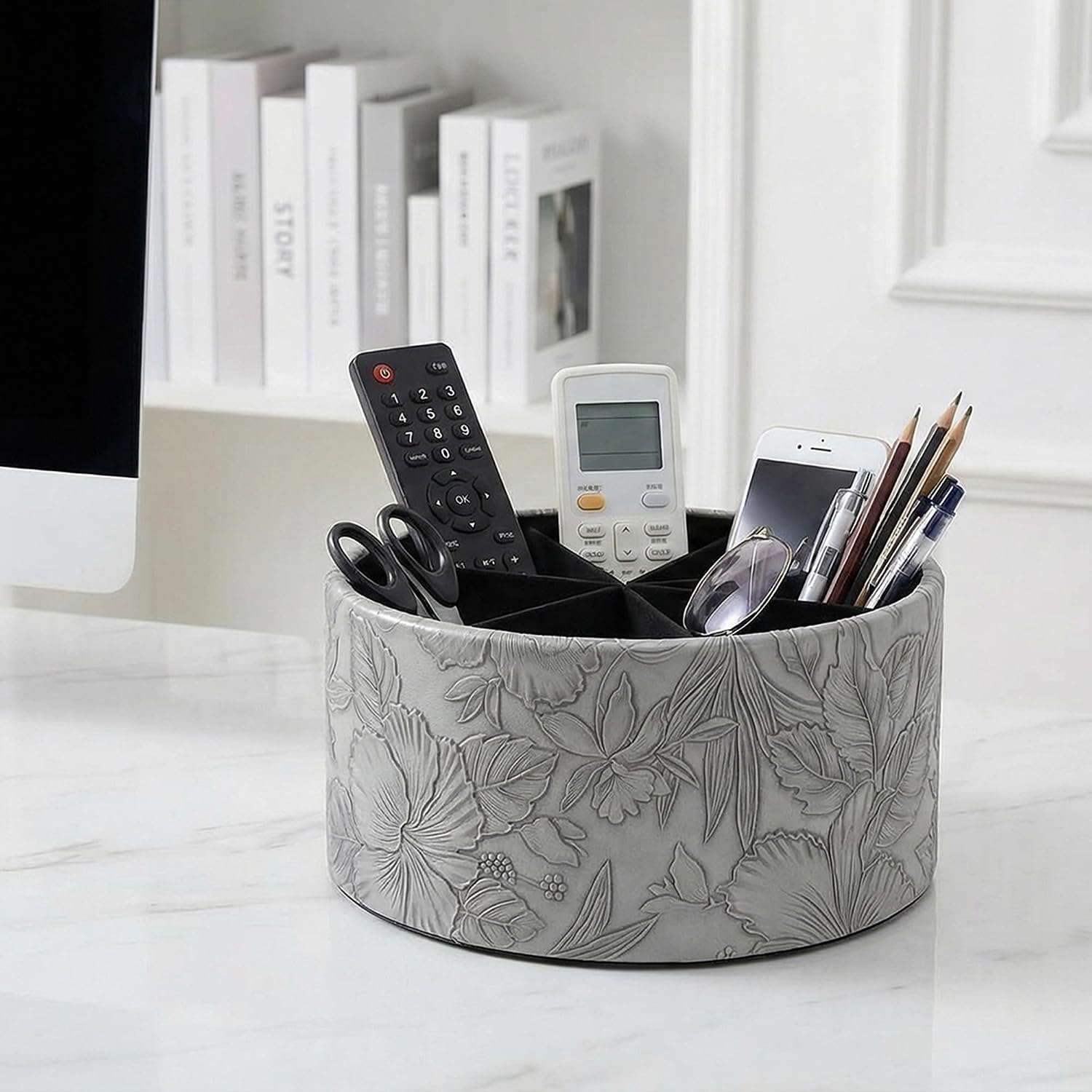 Remote Control Holder / 1-big Carved Grey / 360 Degree Rotation