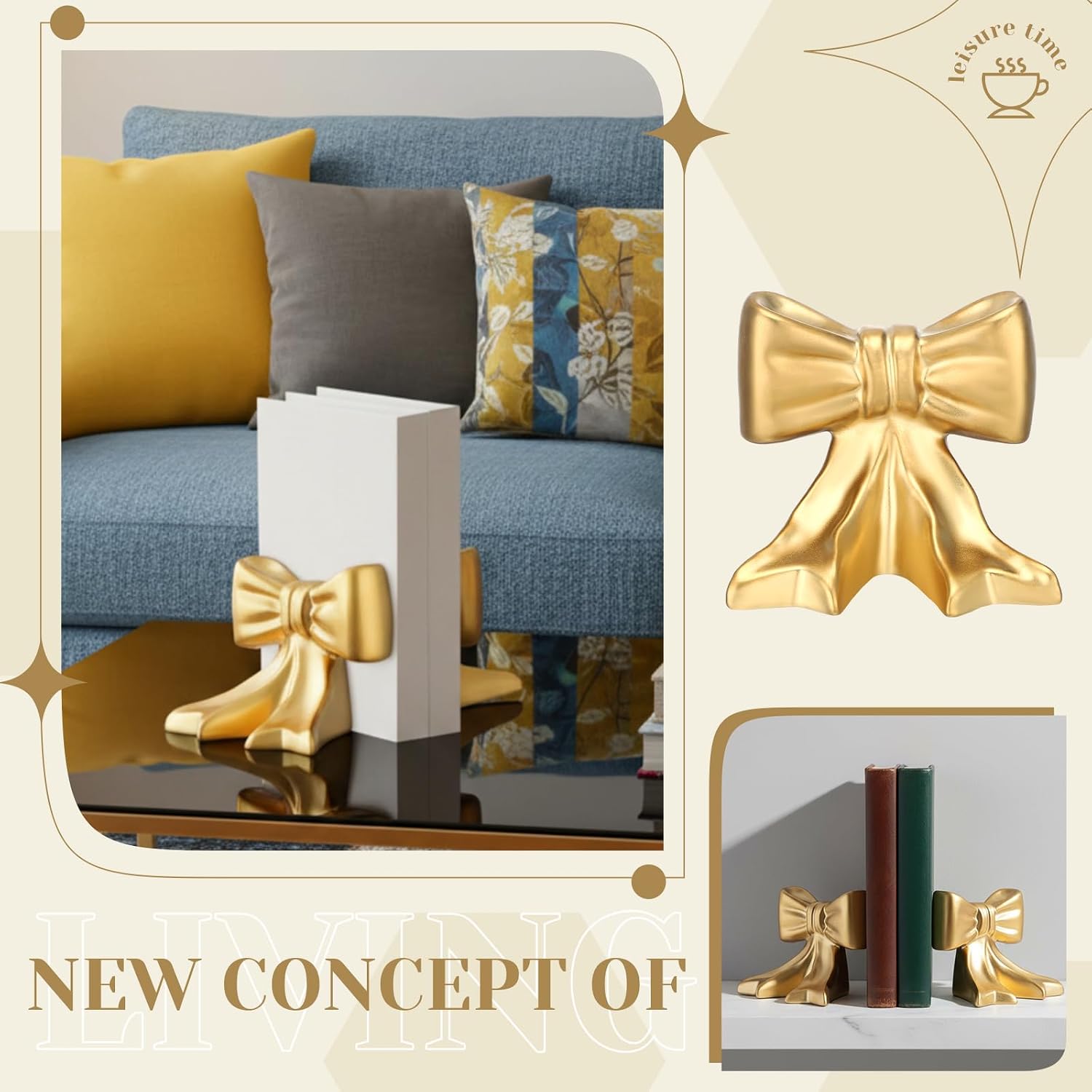 Bow Bookends Ceramic Book Ends Decorative Book Stand Bow Sculpture Statues / Gold / Set of 2