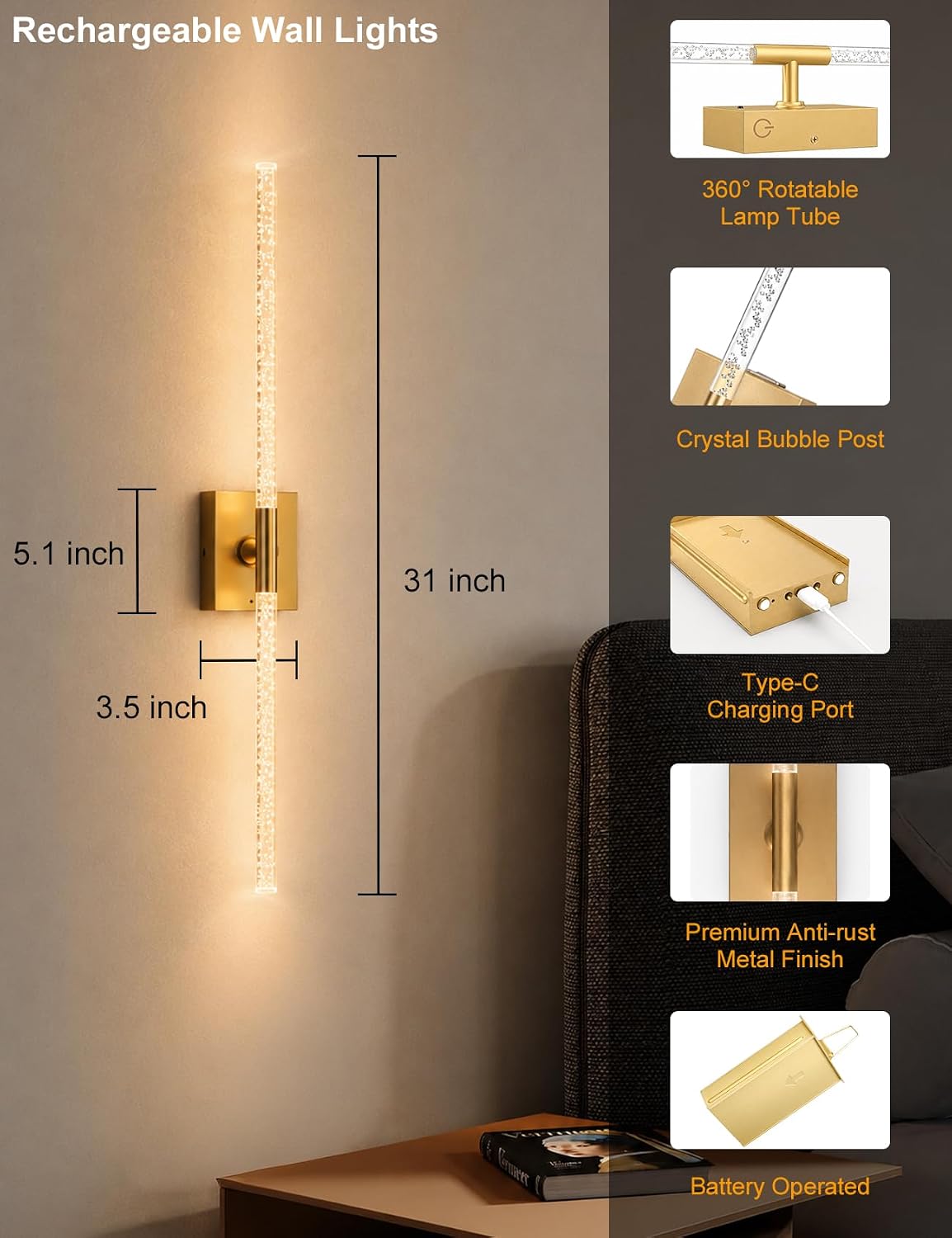 Rechargeable Wall Sconces Set of 2, Gold Crystal Bubble Wireless Wall Light | 10000mAh, Remote Control, 3000K-6000K
