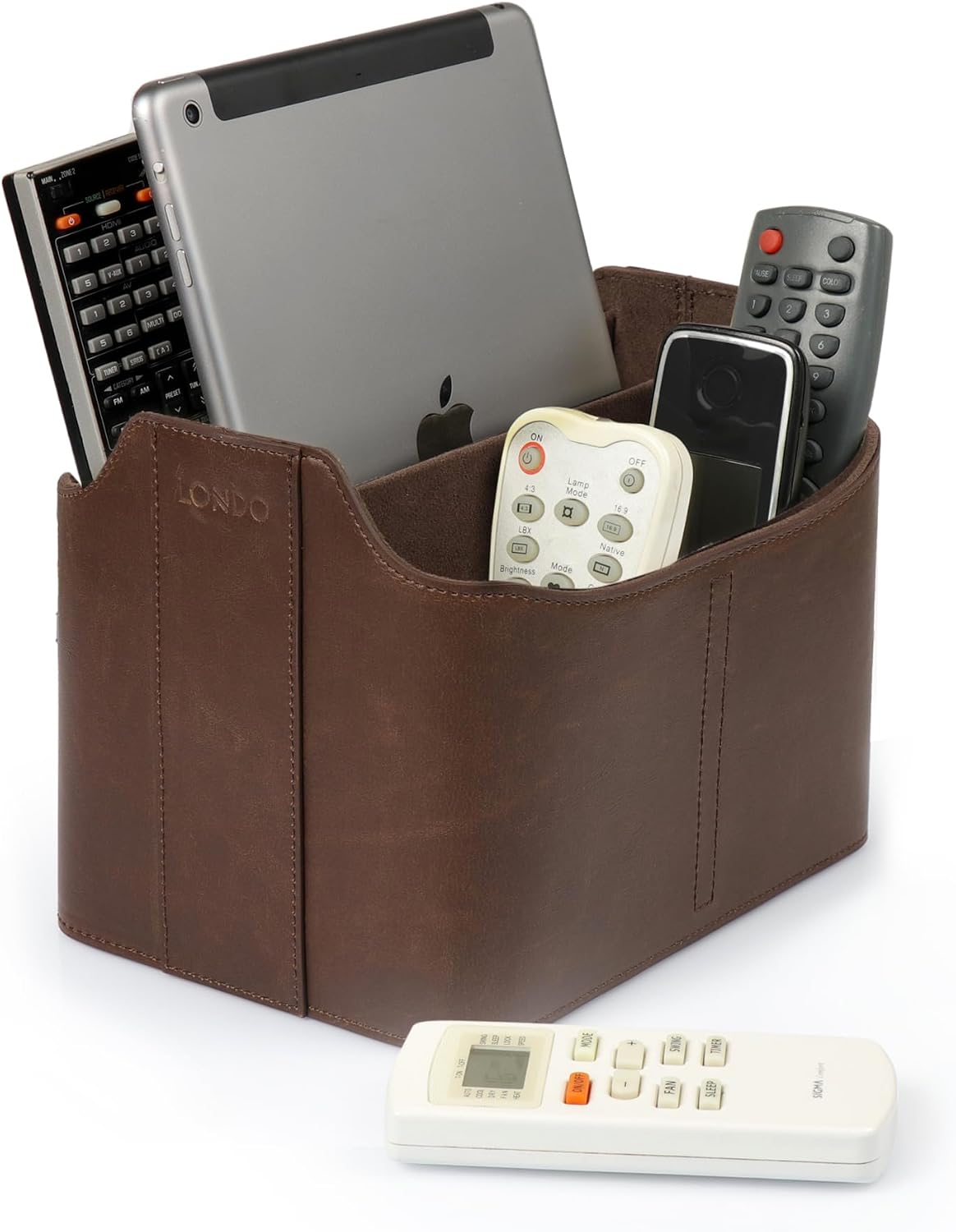 Londo PU Leather Remote Control Holder, Office Supplies Desk Organizer with Tablet Slot, Makeup Brush and Utensils