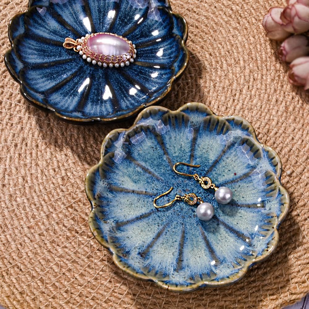 Ceramic and Green Flower Jewelry Tray / Blue / Set of 2