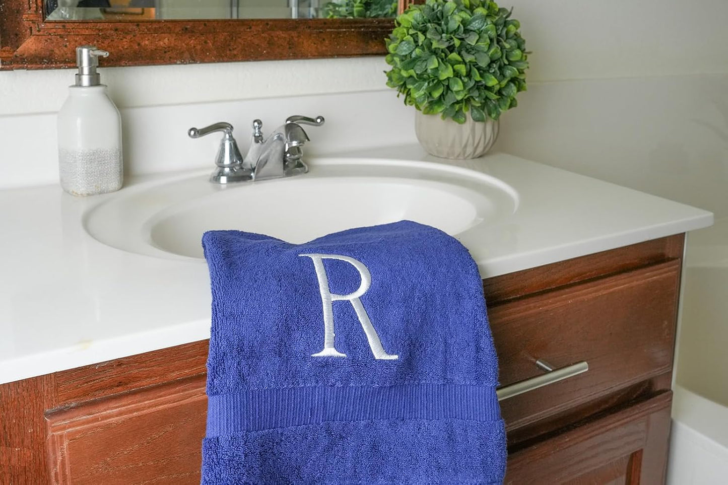 Navy with White Monogrammed Hand Towels for Bathroom - Set of 2 Letter R | Luxury Hotel Quality Initial Towels For