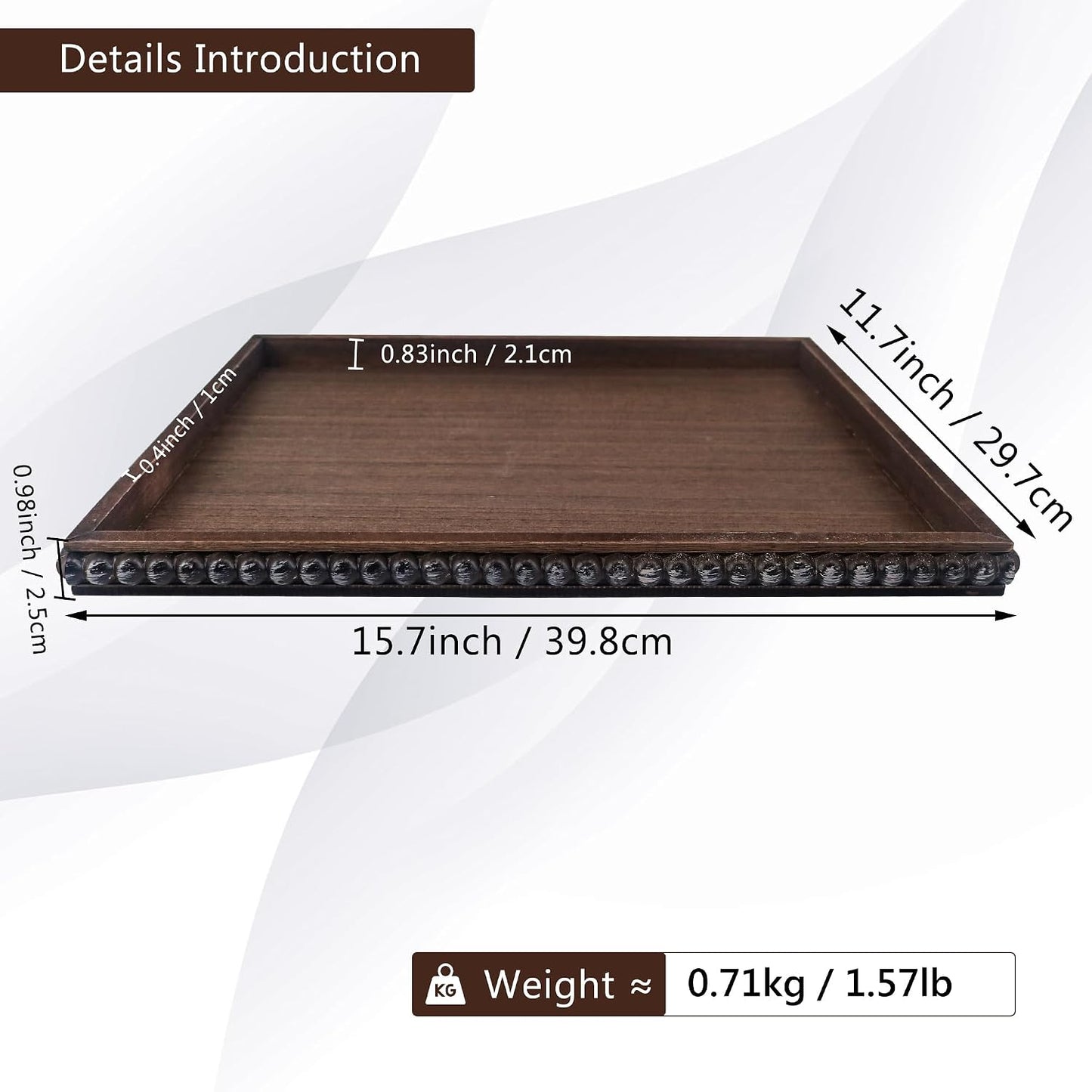 Decorative Tray Rectangular Wood Beaded / Brown / 16 x 12 x 1