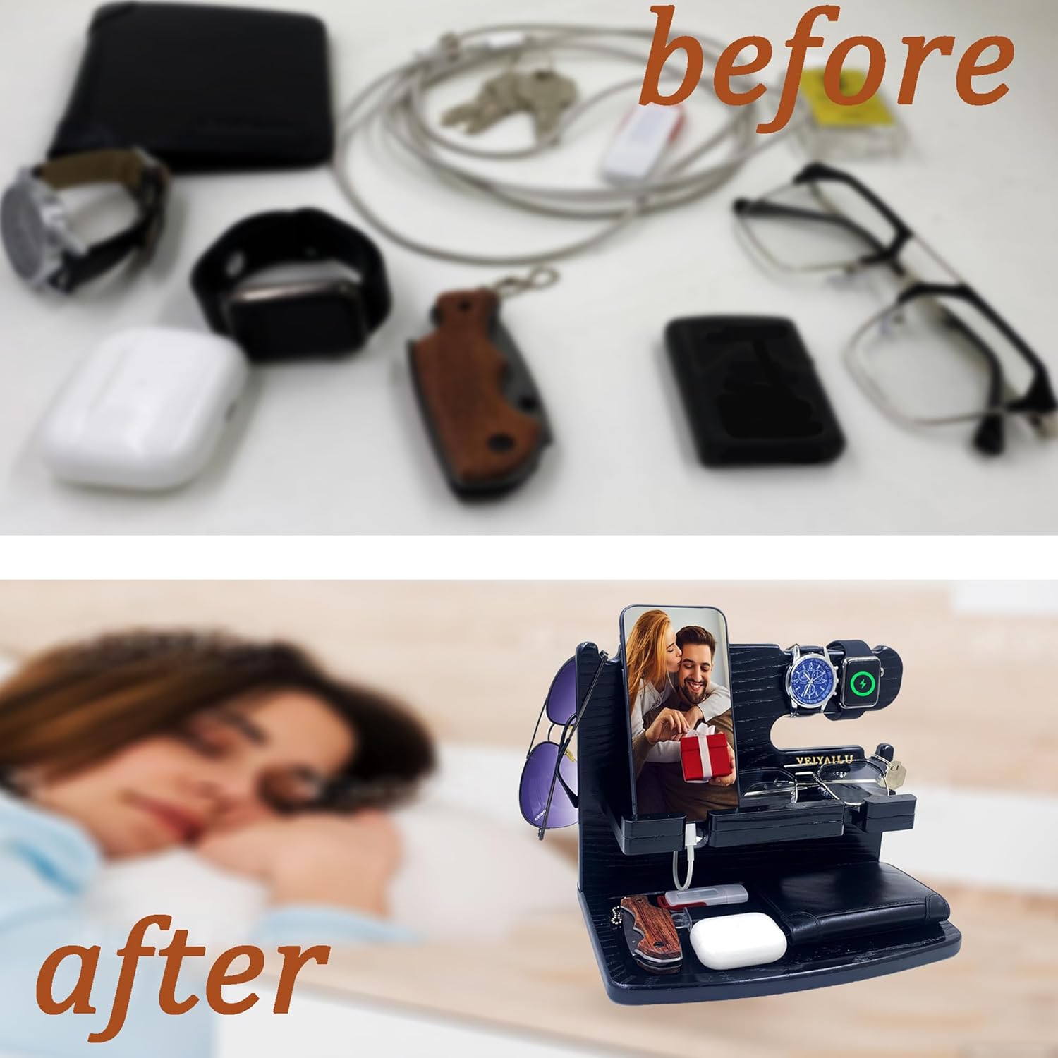 Gifts for Men Dad Women Husband Boyfriend Him Nightstand Organizer for Men Wood Phone / Black
