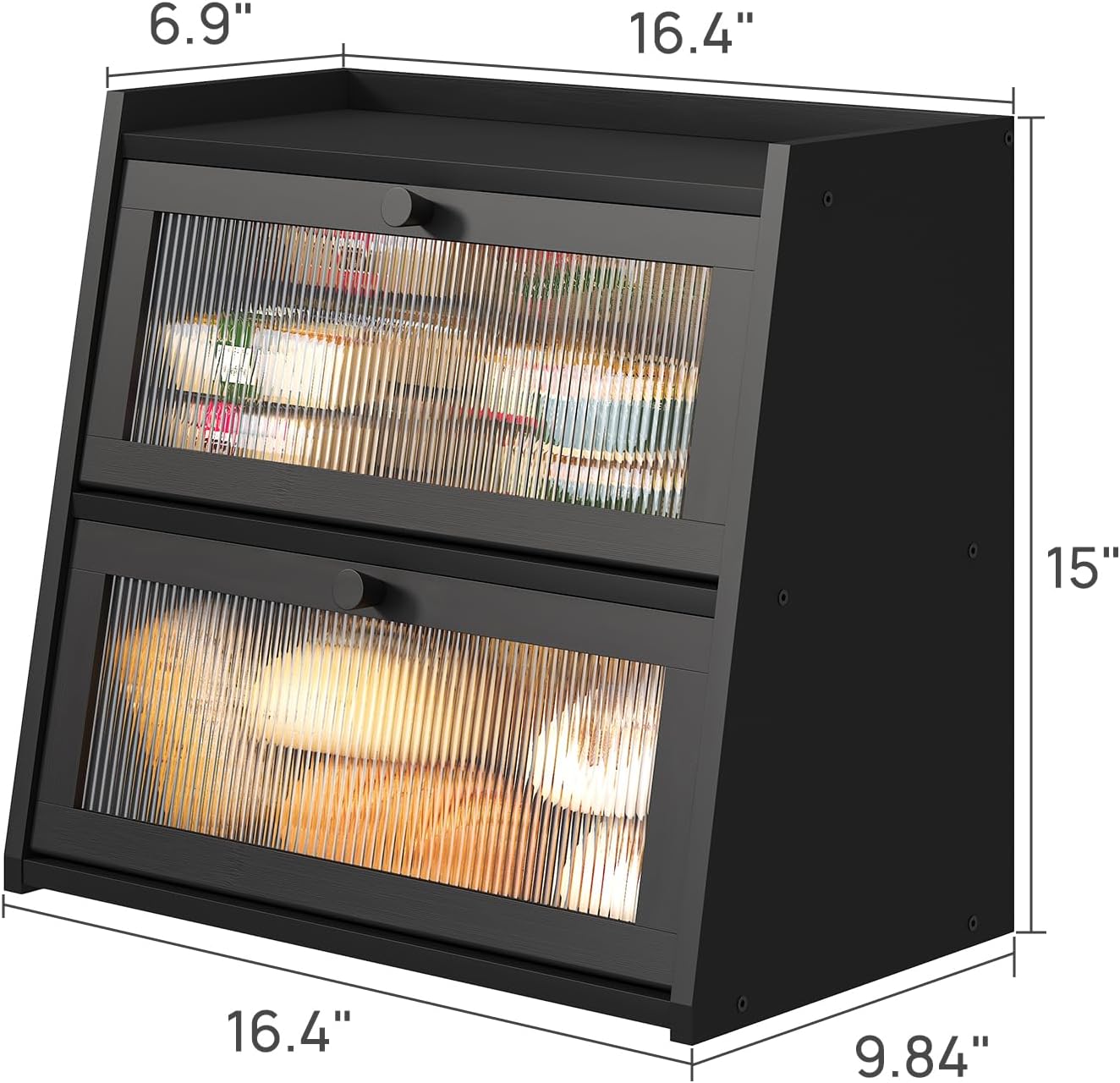 viewcare Black Bread Box, Double Layer Large Bread Box for Kitchen Counter, Bamboo Bread Storage Container with Wavy