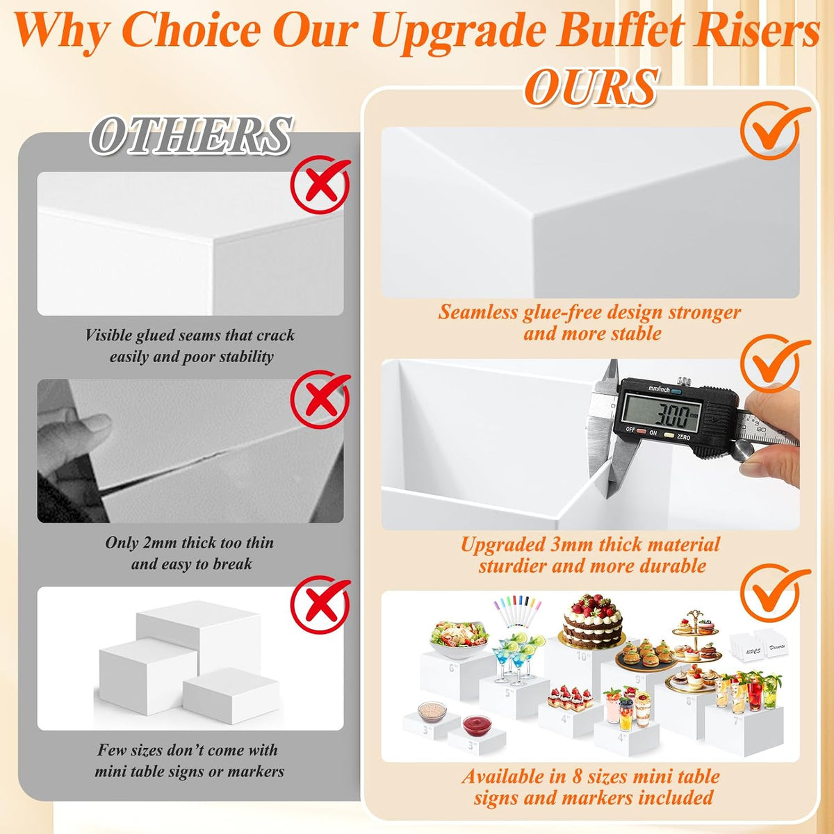 10 Pcs White Acrylic Buffet Risers with Mini Sign and Marker, Food Display Stands for Buffet Table Party Catering