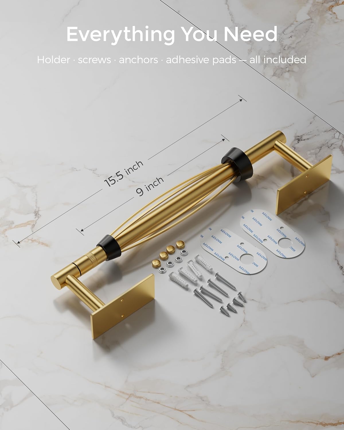 Gold Paper Towel Holder Under Cabinet with Damping Self Adhesive | 304 Stainless Steel Post Pivoting Design Wall