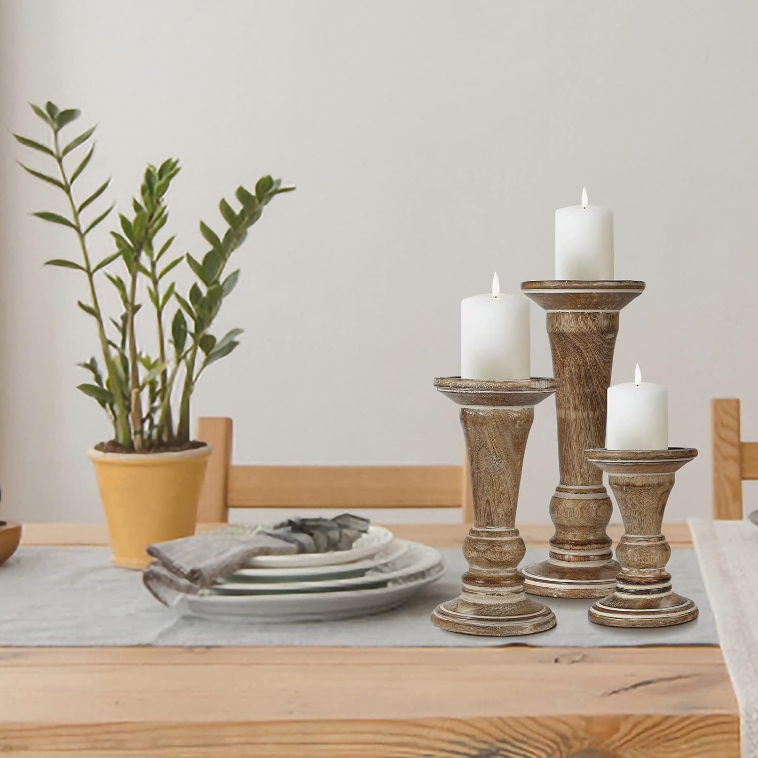 Homebia Design White Wash Mango Wood Candle Holder Set of 3 – 10, 8, 6 Inch