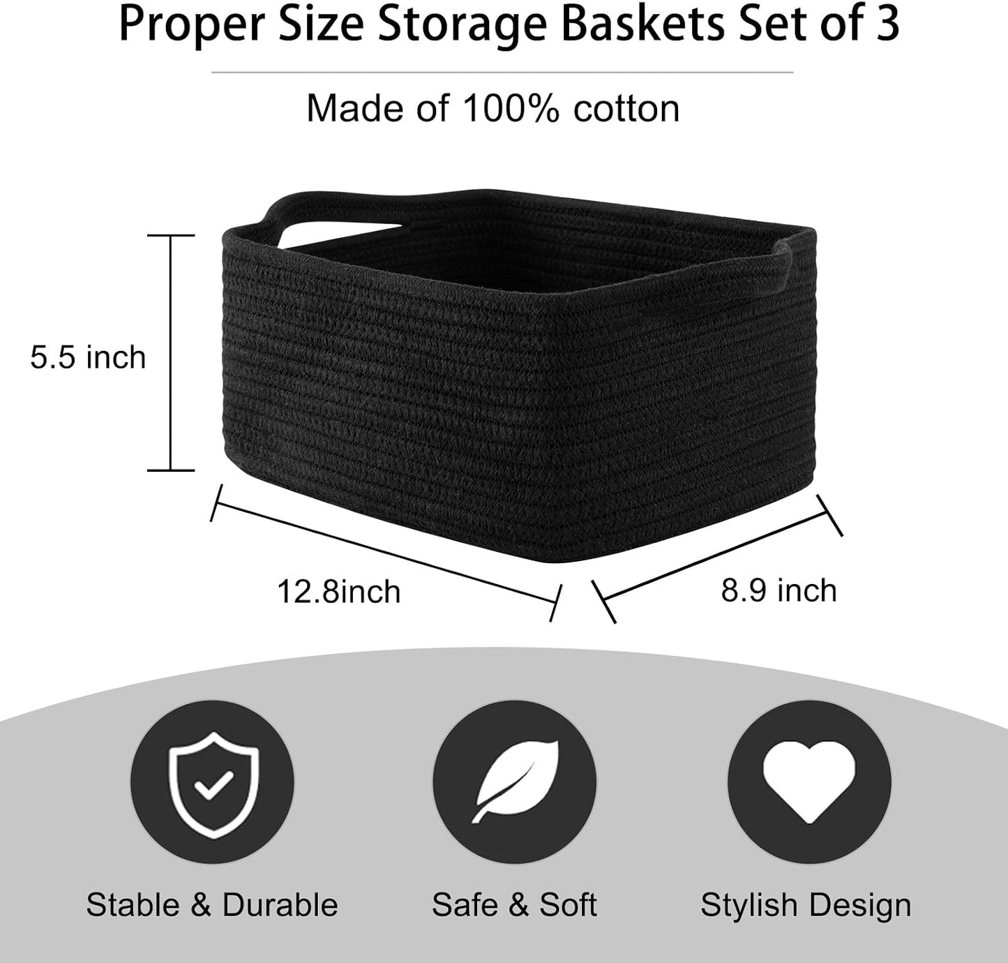 Cotton Rope Woven Baskets for Storage / Black / Set of 3