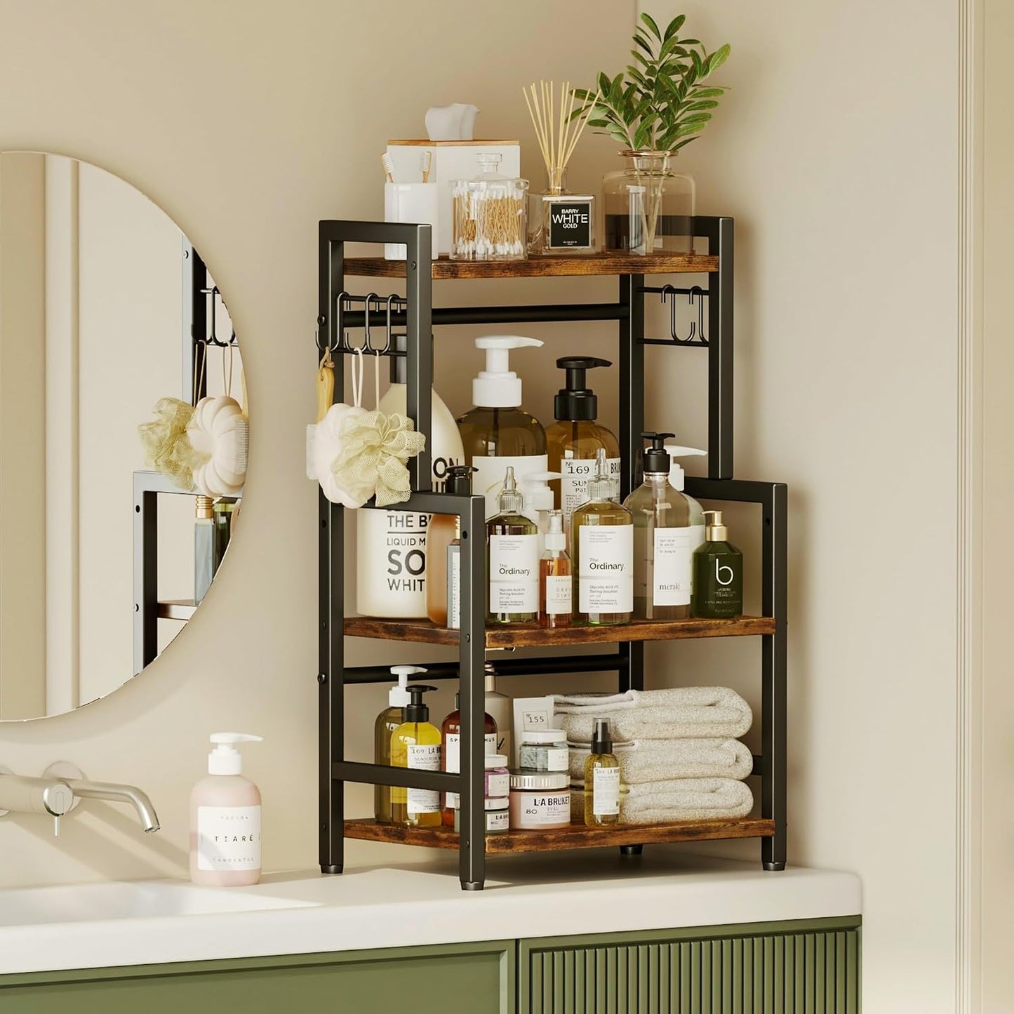 Kitchen Countertop Organizer,3 Tier Large Spice Rack Organizer with Adjustable Shelf and 5 Hooks,Wooden Counter