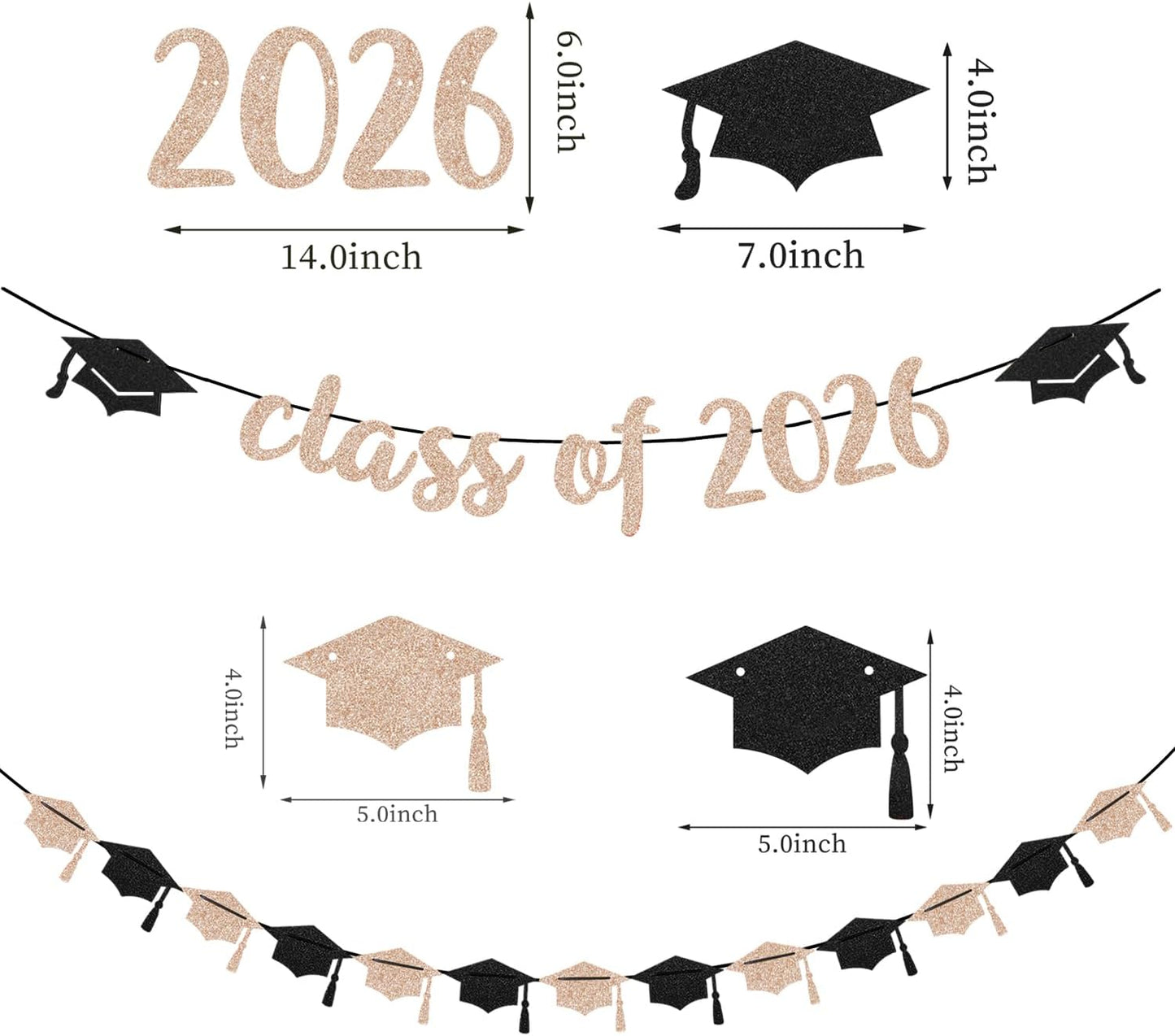Kit Class of 2026 Streamers / Rose-gold Pink Black Class of 2026 / Set of 18