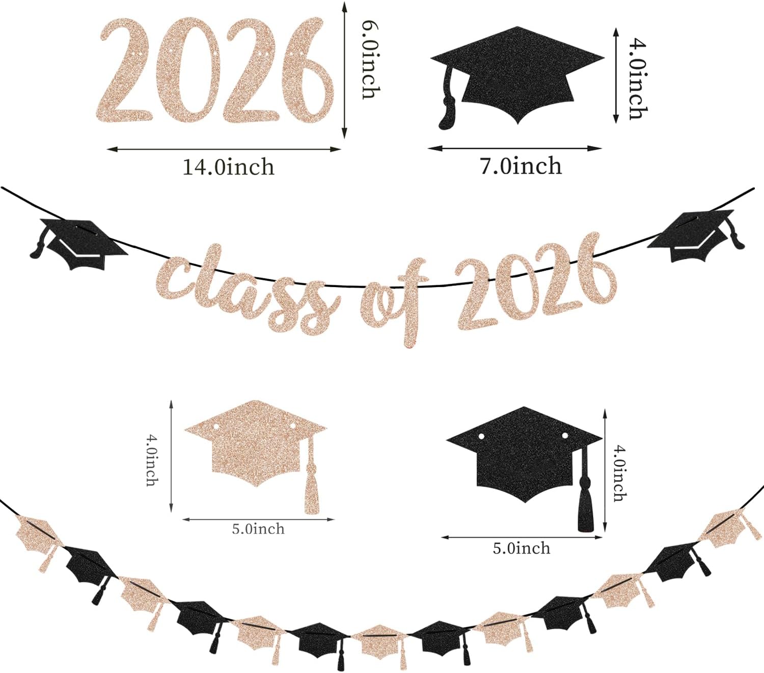 Kit Class of 2026 Streamers / Rose-gold Pink Black Class of 2026 / Set of 18