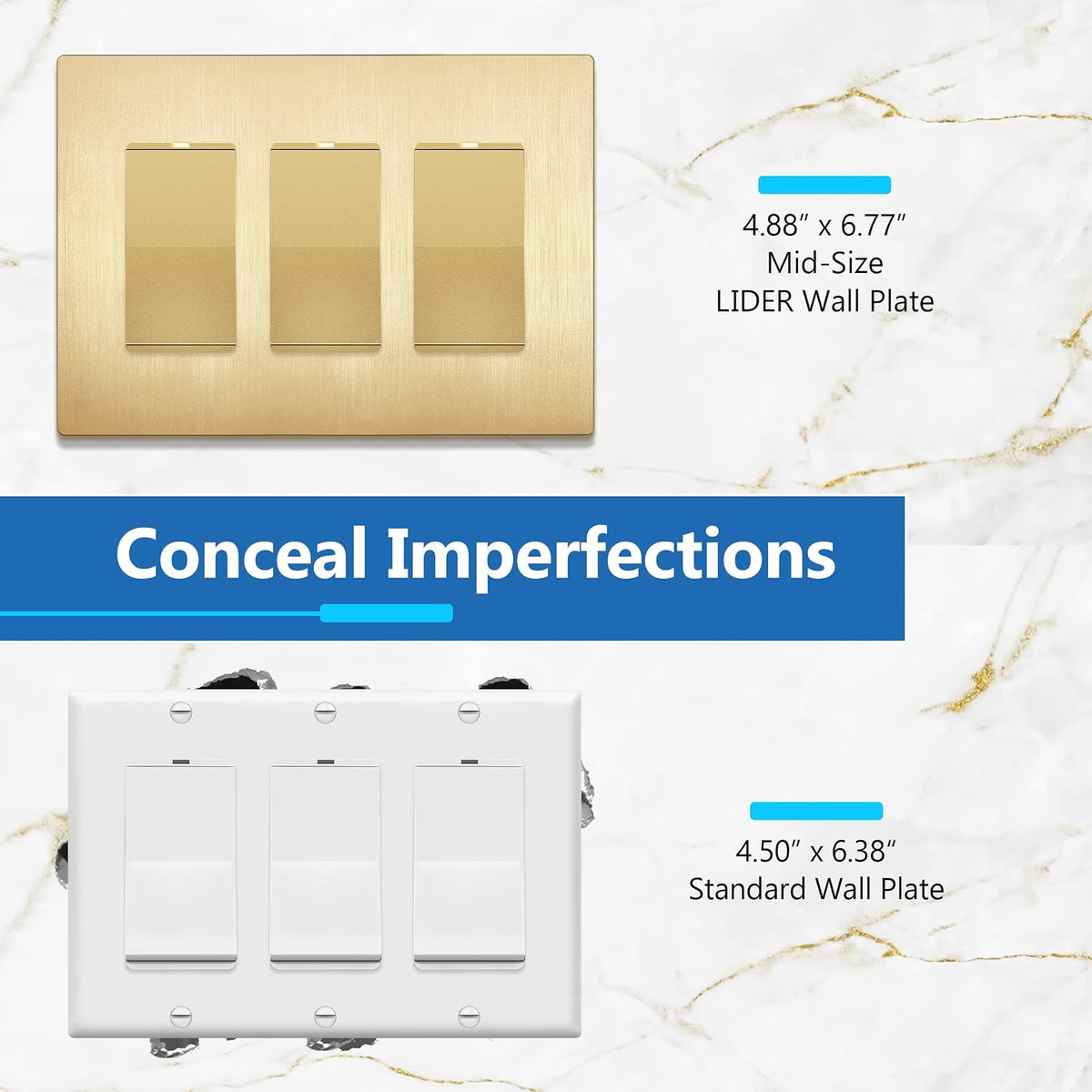 LIDER Decorator Switch Cover, Screwless Wall Plate, Mid-Size 3-Gang, 2-Pack | Brushed Gold, Polycarbonate