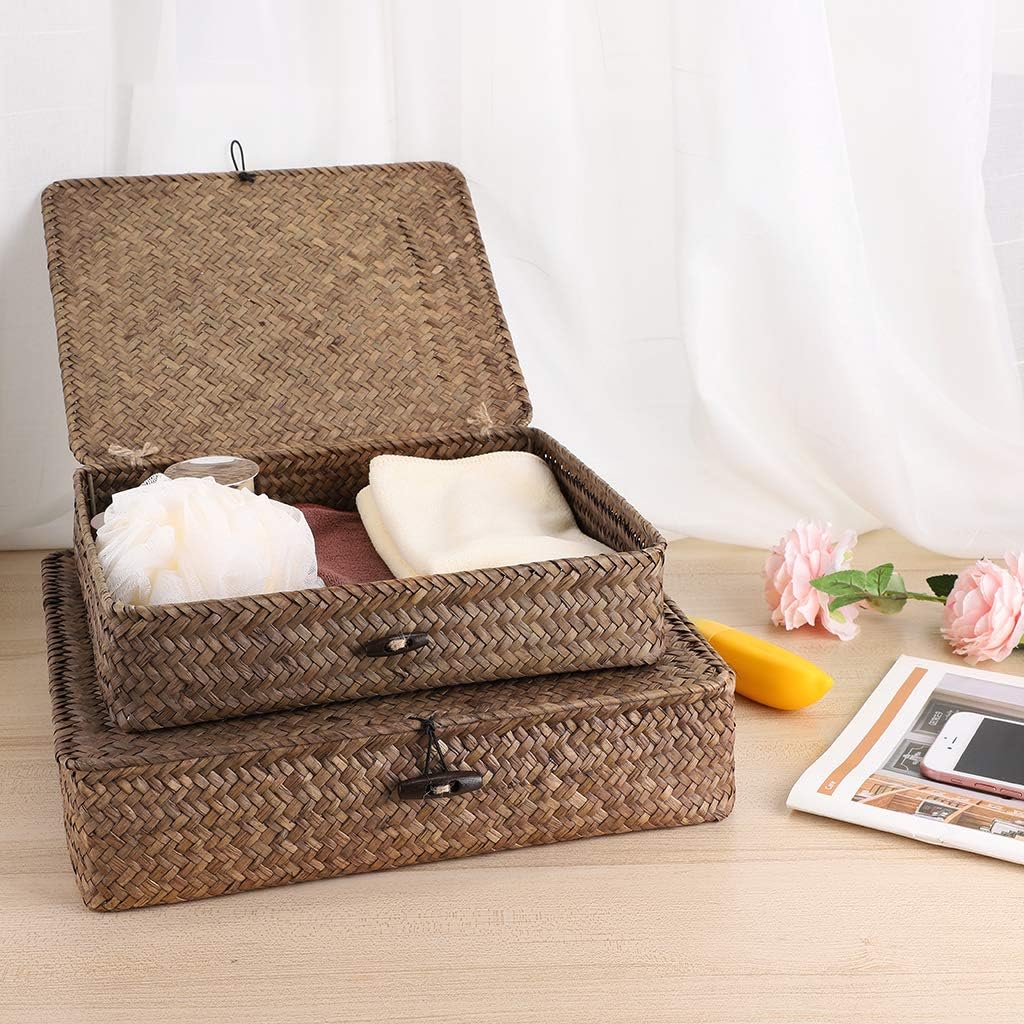 Flat Woven Wicker Storage Bins / Small+large / Coffee / Natural / Set of 2