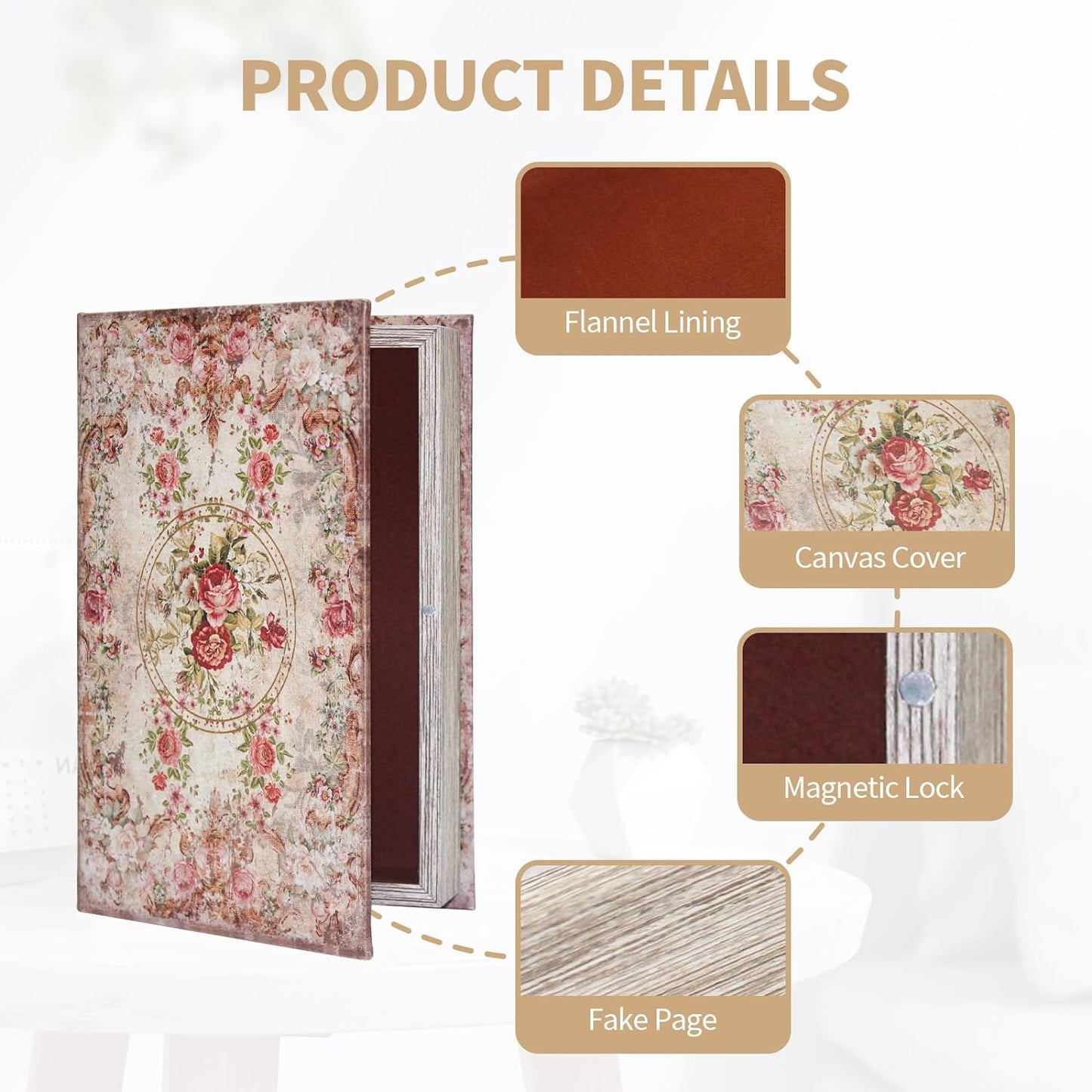 Book Box Decorative Storage Box Faux Wood / Rose Pattern