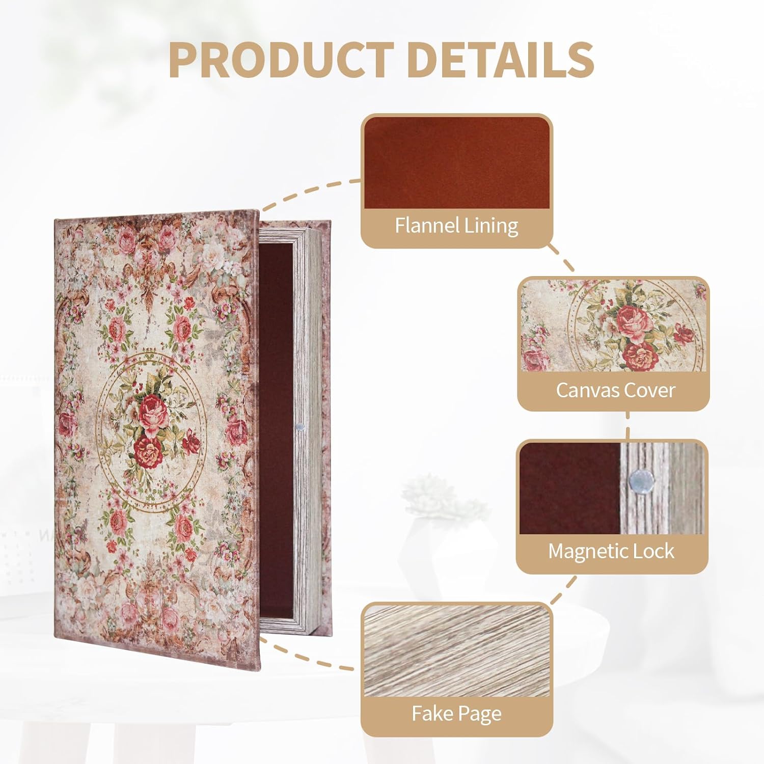 Book Box Decorative Storage Box Faux Wood / Rose Pattern