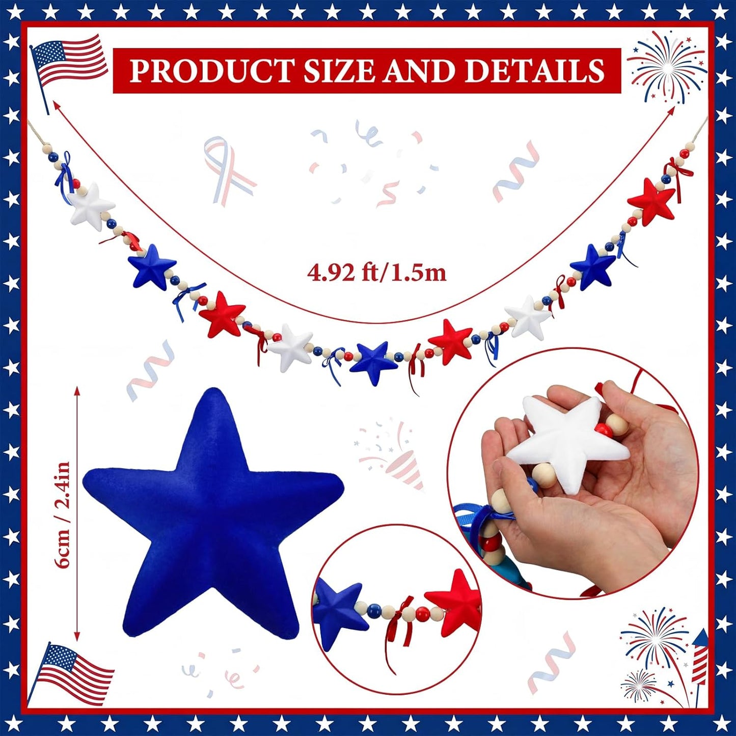 Decorations Patriotic Garland Wooden Beads Banner / 4th of July / Red and Blue / 4.92 ft