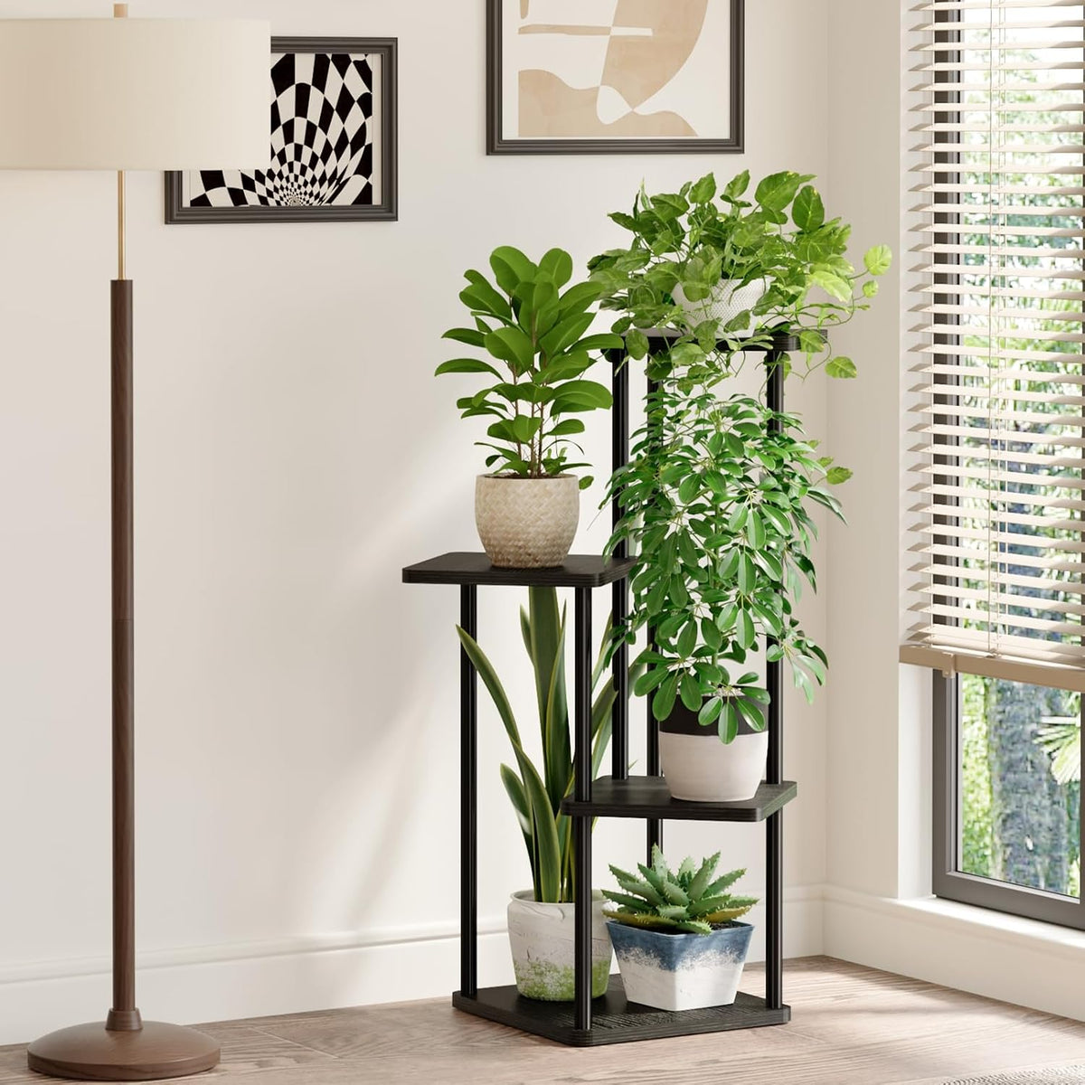 Bamworld Small Plant Stand Indoor Corner Metal Plant Shelf | 4 Tier Flower Stand for Patio Garden Balcony Living Room
