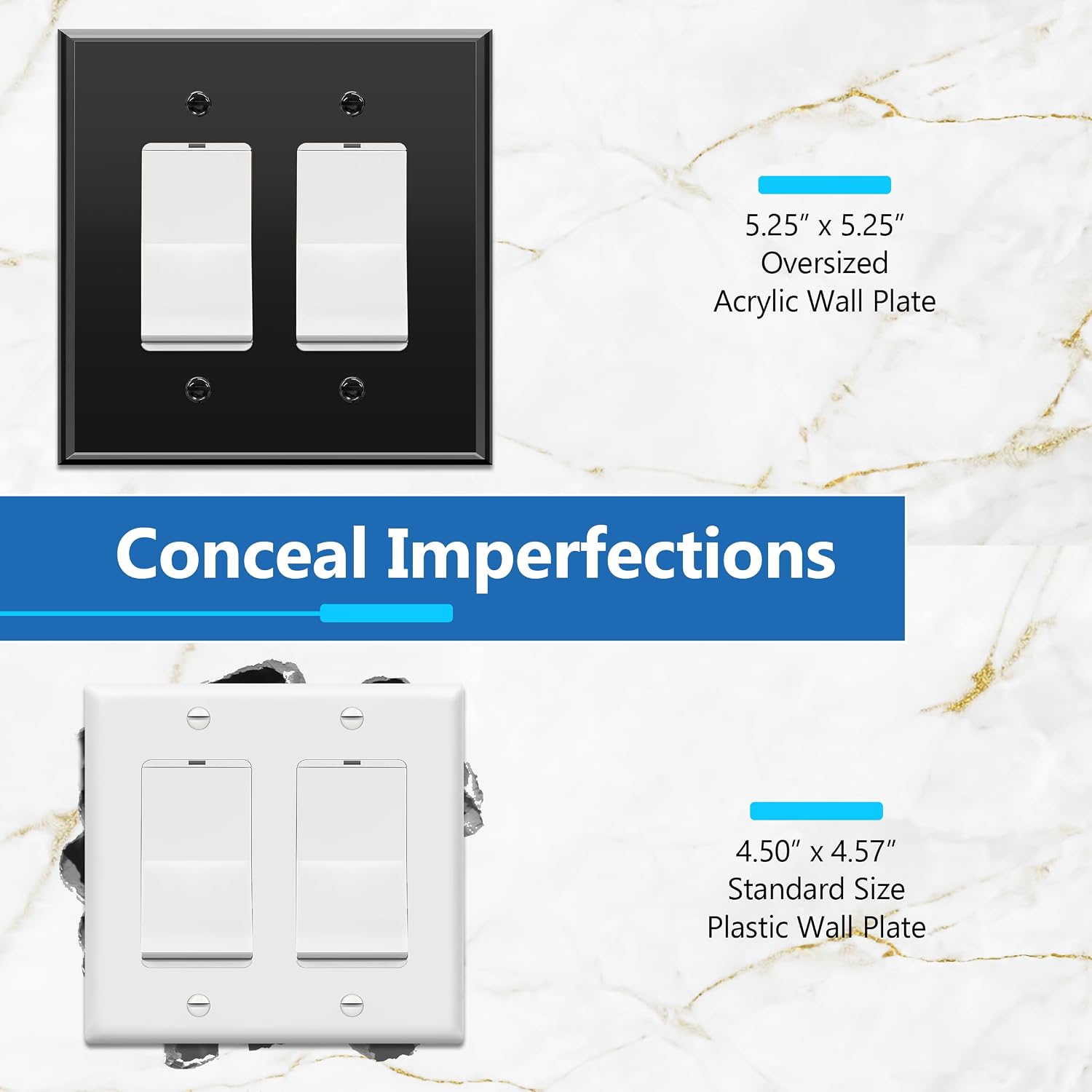 LIDER Double Decorator Wall Plate, Modern, Oversized 2-Gang, 5-Pack | Reflective, Mirror Glass Black, Impact Resistant