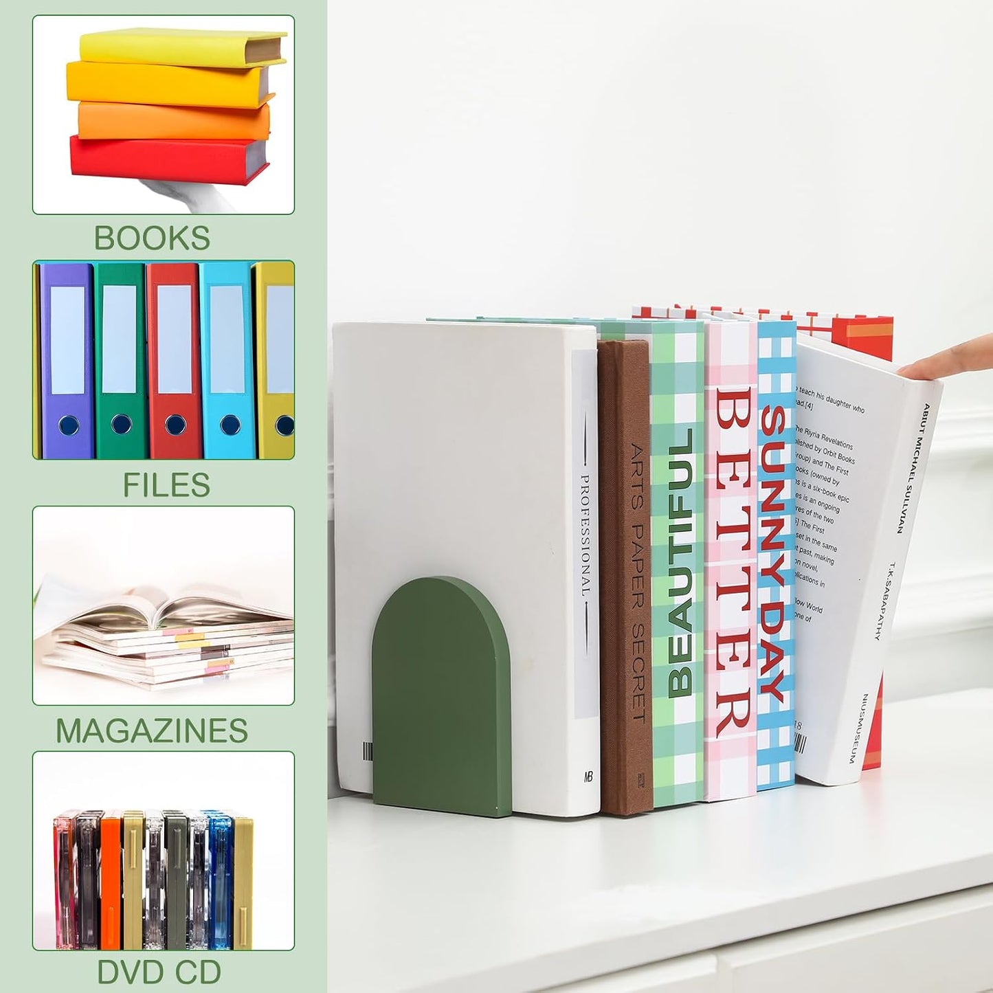 Boho Wood Bookends Back to School Sage Wooden Book Stands Decorative Non Skid / Green / Set of 4