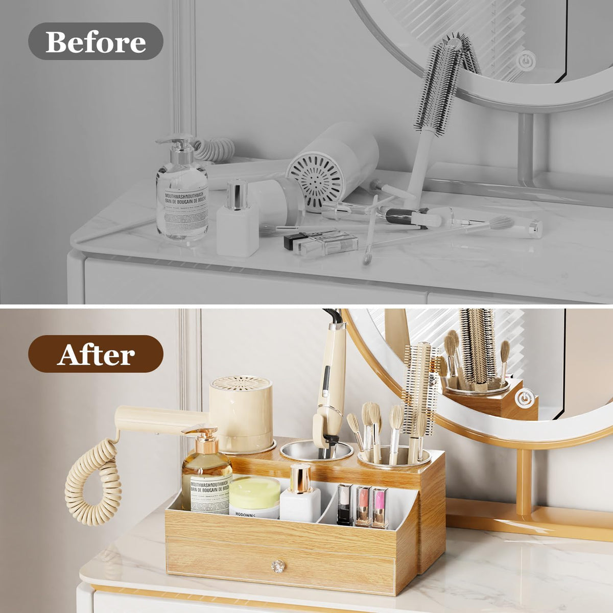 GFWARE Hot Hair Styling Tool Organizer with Drawer & 3 Cooling Cups, Wood | Hair Accessories Bathroom Vanity Storage