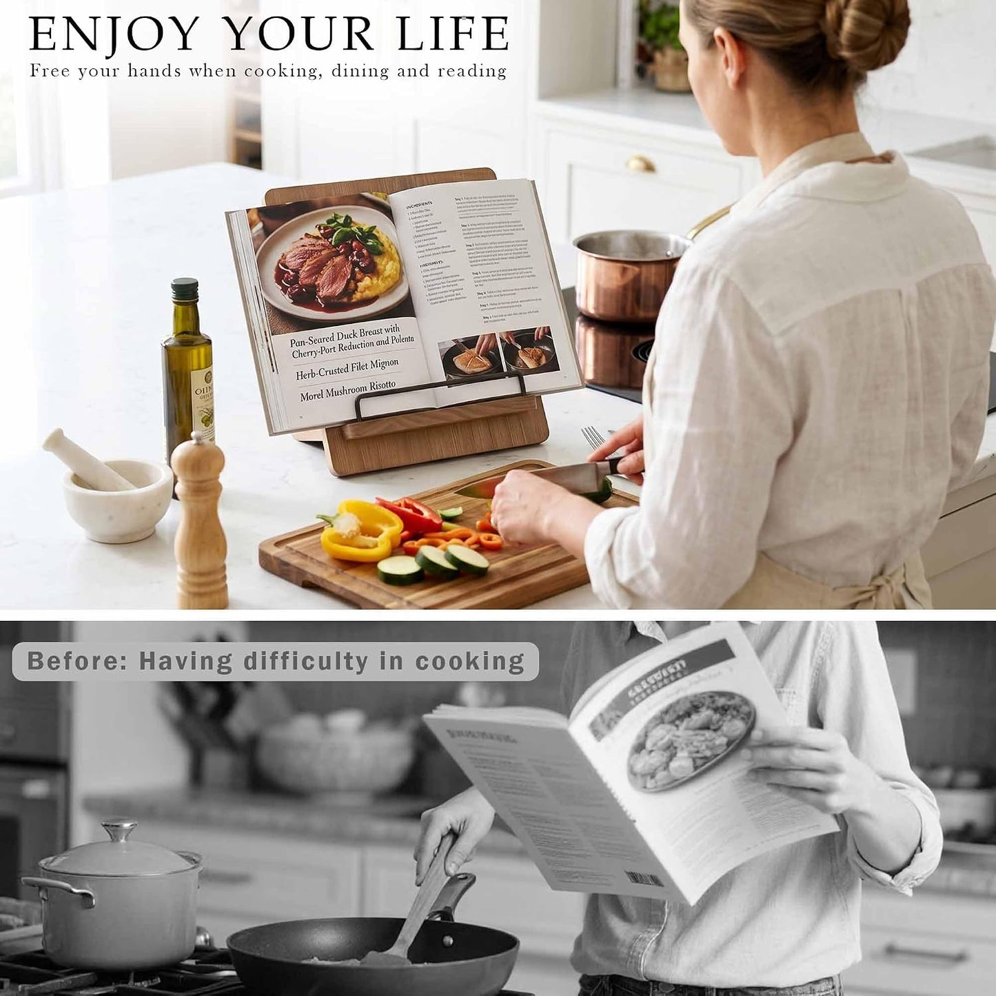 Brown Solid Wood Cookbook Stand: for Kitchen Counter Recipe Holder | Heavy-Duty Wood Cook Book Stand Holds 2" Thick